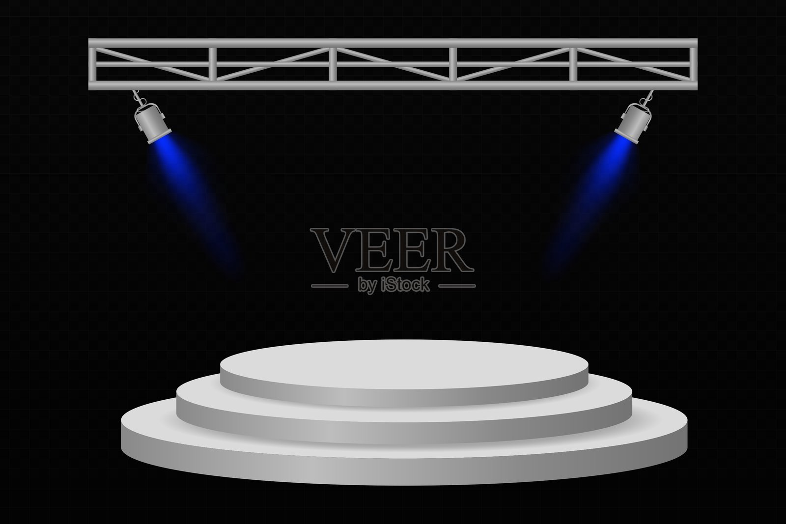 带有两个戏剧性橙色聚光灯的3D圆形讲台，背景昏暗，非常适合演示、展示或颁奖典礼。插画图片素材