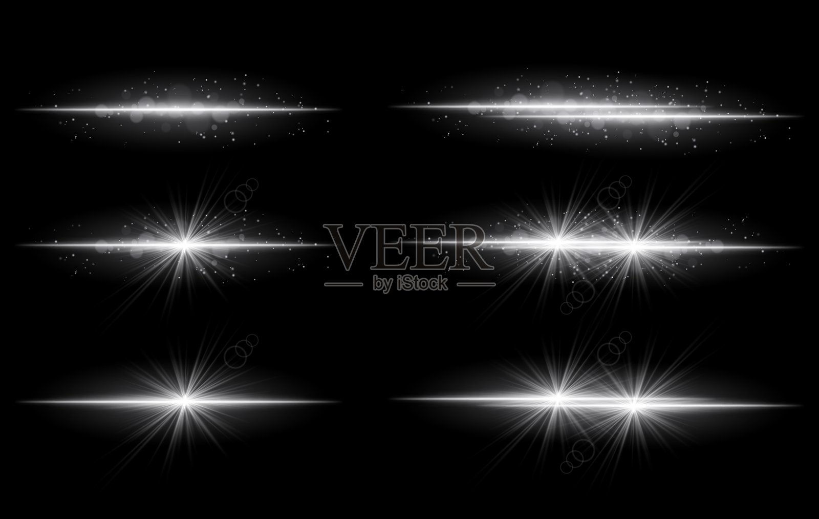白色光晕效果集。耀眼的光线条纹，闪烁的粒子，明亮的星光爆发，温暖的照明，抽象的灯光设计，装饰性的能量光束，生动的现代视觉效果插画图片素材