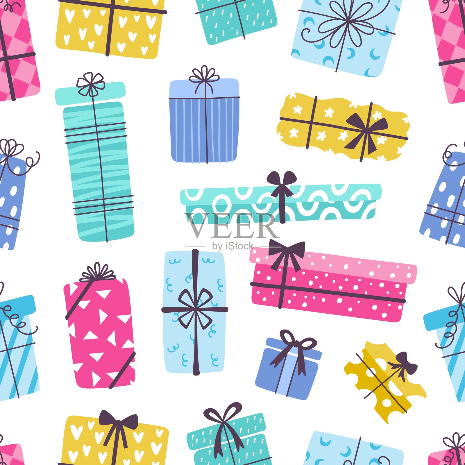 礼品盒无缝图案。装饰性礼品盒，适用于不同的派对或节日。抽象的布料包装墙纸印刷设计，现代矢量背景。插画图片素材