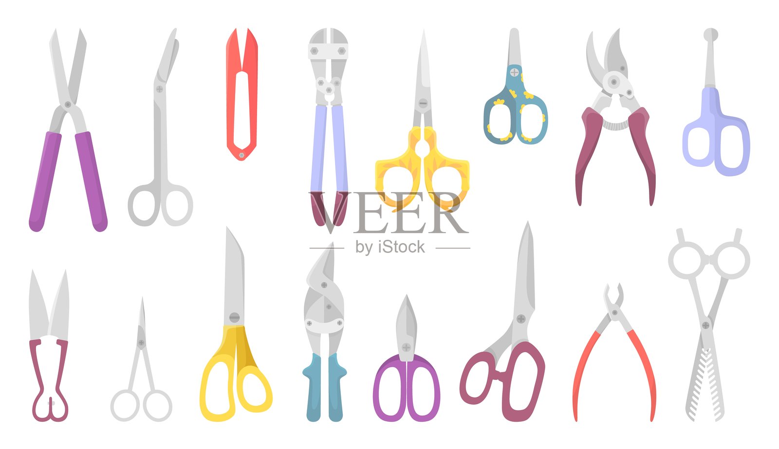 不同类型的平剪刀。孤立的剪刀和钳子，切割工具。用于车间的工具，纸箱纸布的切割设备，现代矢量套件。插画图片素材