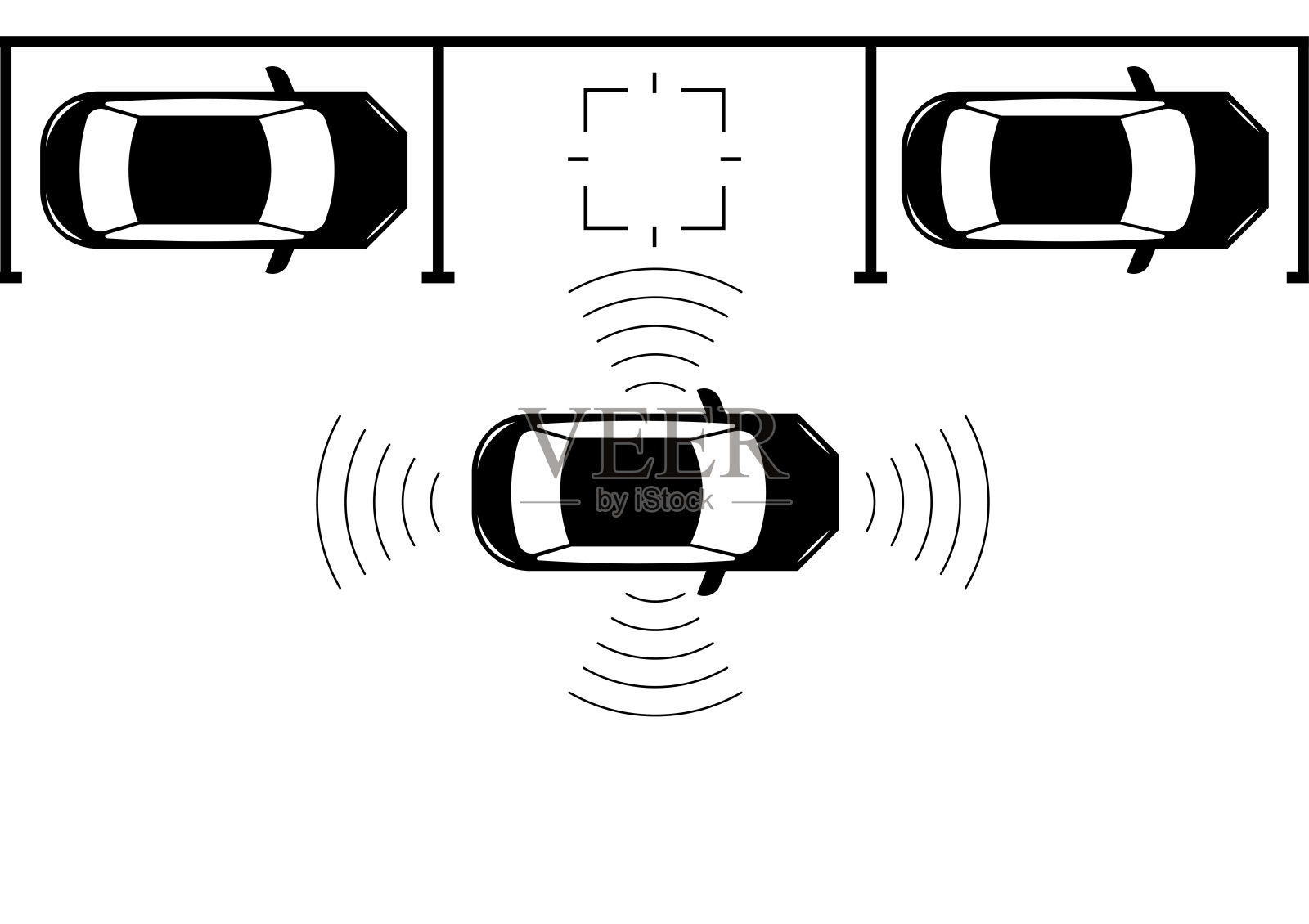 智能汽车配备远程感应和传感器停车系统。无人驾驶或自动驾驶汽车。智能汽车停车传感器。插画图片素材