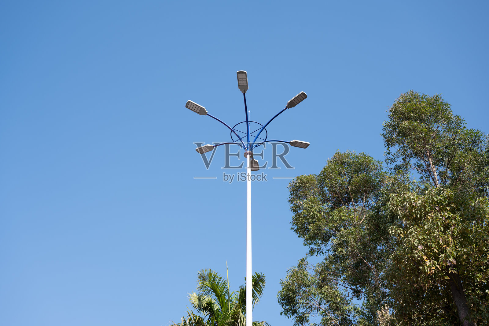 蓝天下的六角形街灯照片摄影图片