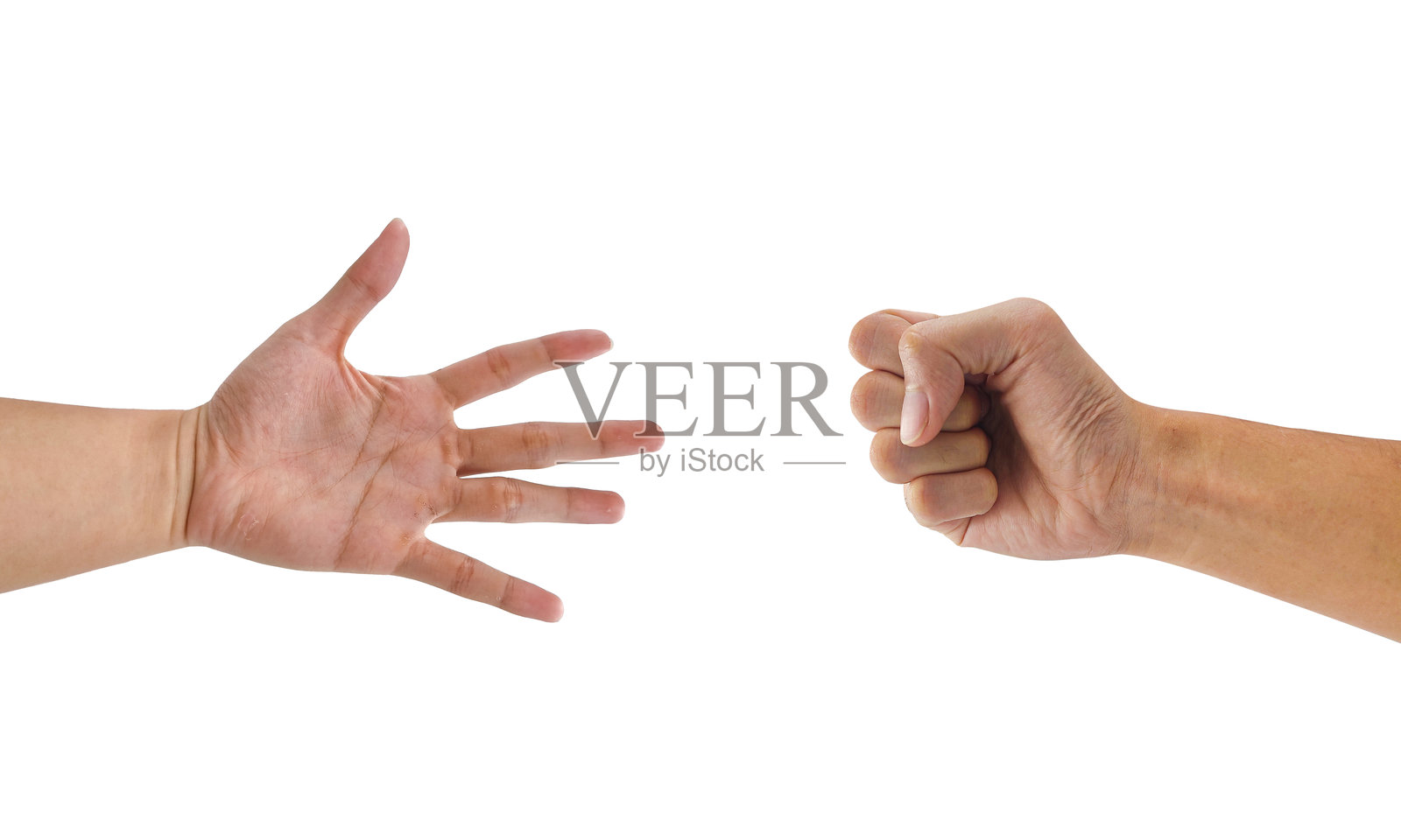 白色背景上孤立的纸打败石头手势照片摄影图片