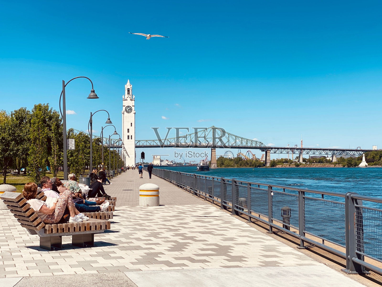 人们在加拿大蒙特利尔的海滨长椅上放松，欣赏钟楼的景色照片摄影图片