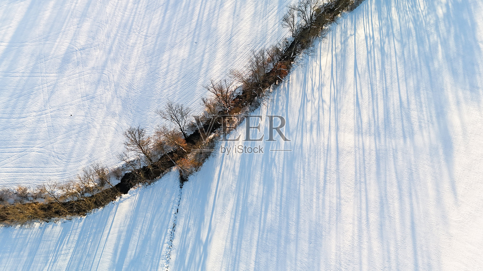 极简冬季场景，雪覆盖的树木和宁静的河流照片摄影图片
