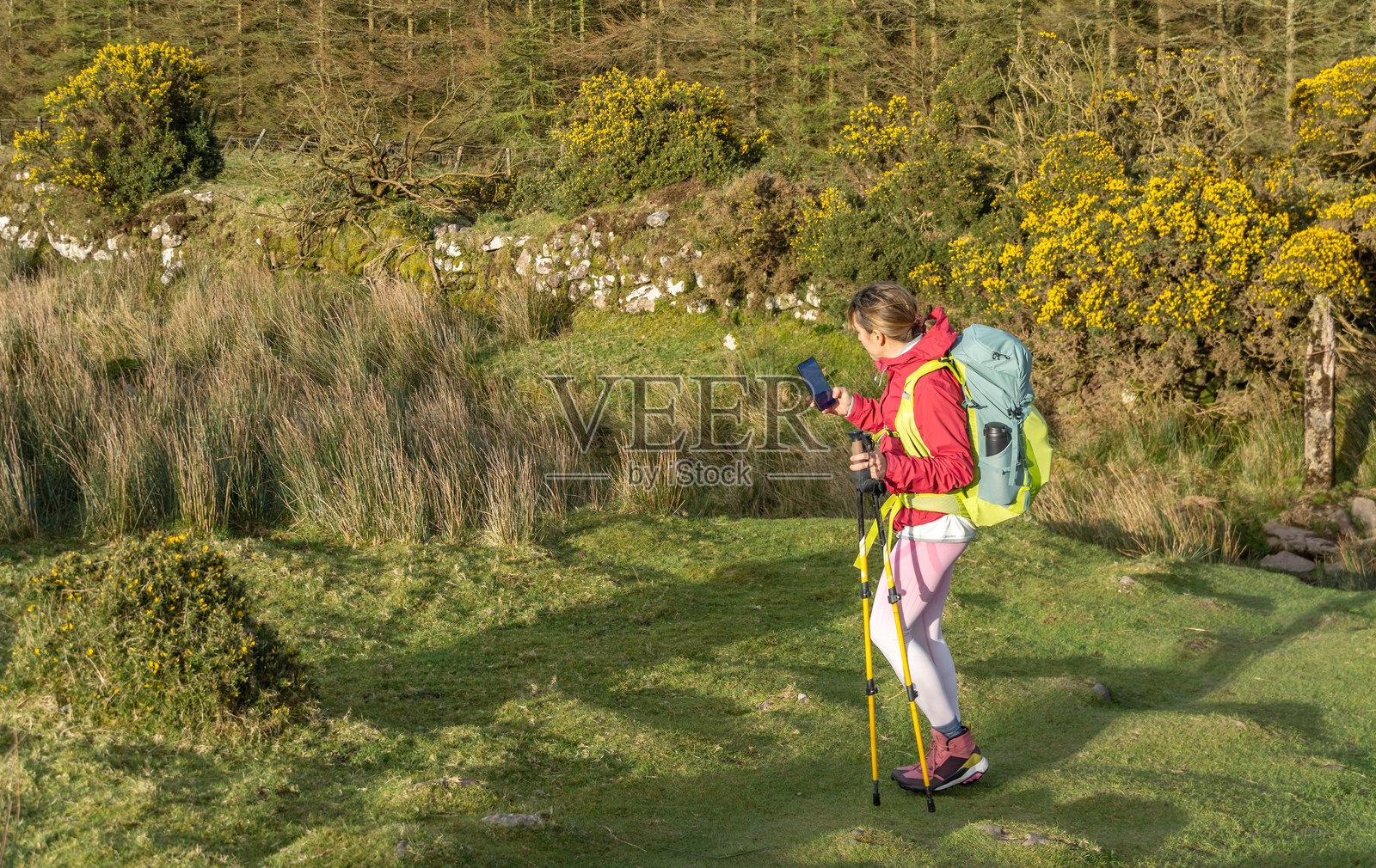 积极生活方式，徒步旅行的女性影响者用手机拍照并为社交网络制作视频照片摄影图片