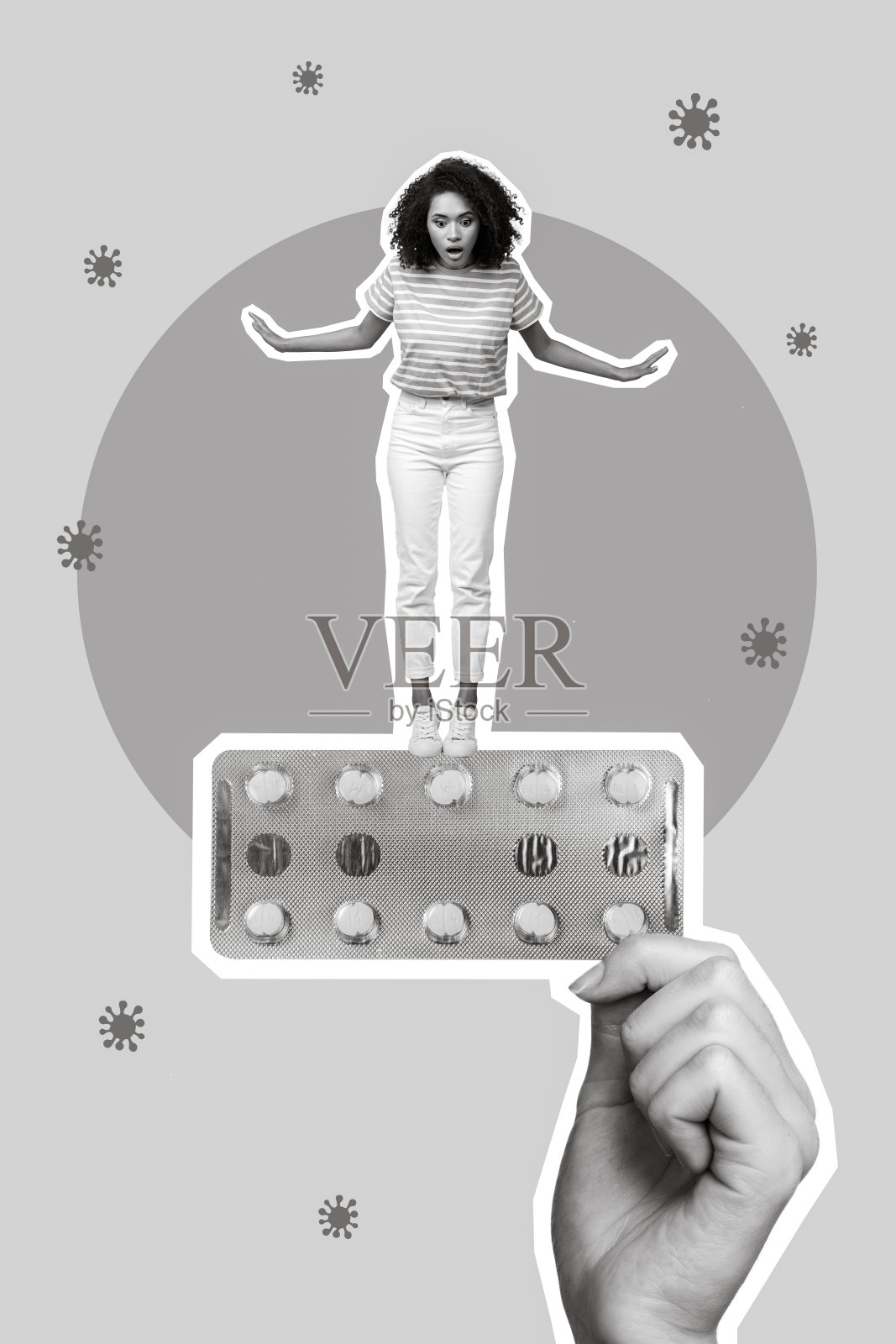 创意照片3D拼贴艺术明信片海报，描绘了一位担心、紧张的女孩，害怕感染新冠病毒，孤立在绘画背景中。照片摄影图片