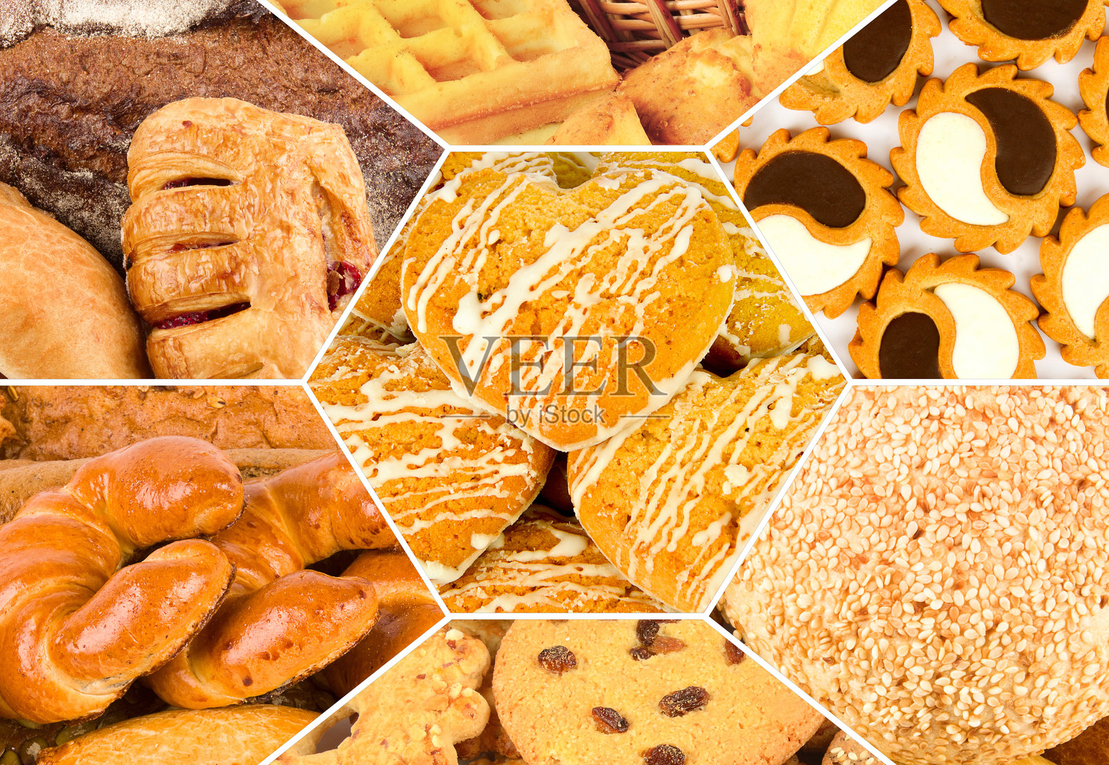 面包和各种甜点的背景。照片摄影图片