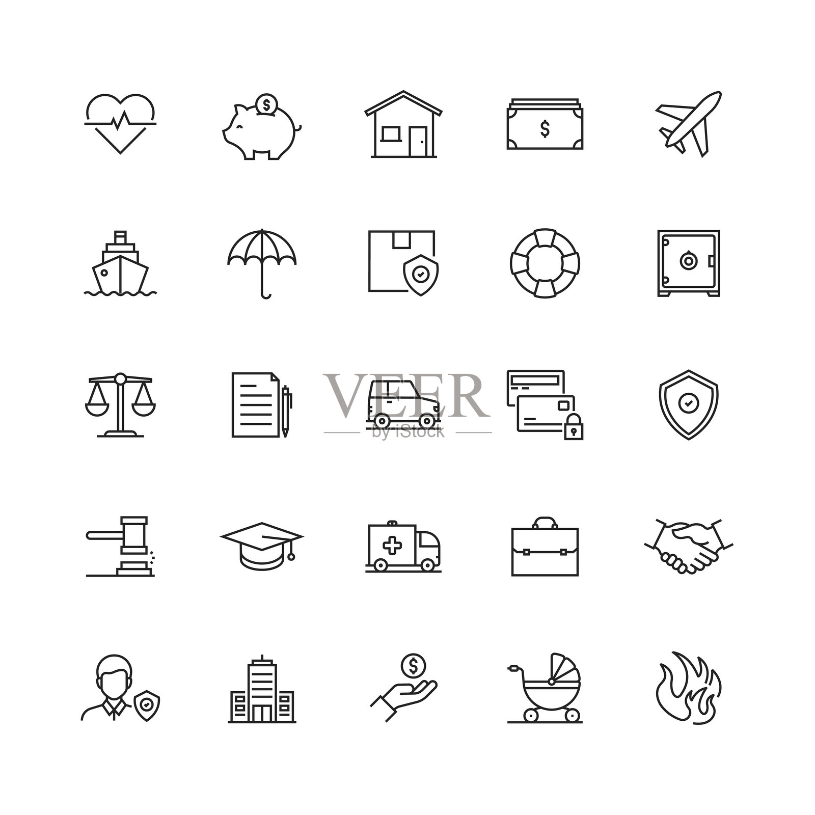 保险和保护相关的矢量线图标的简单设置插画图片素材