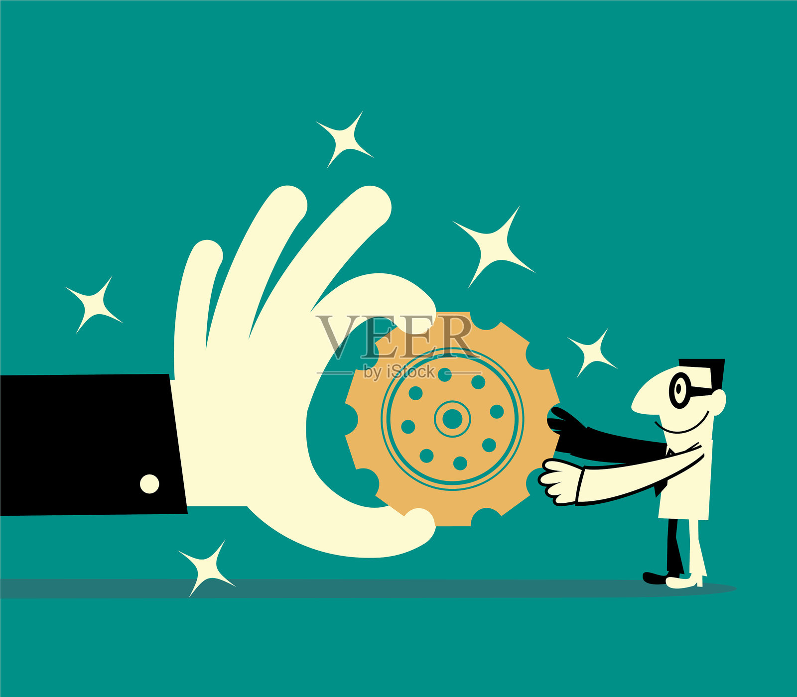 大手给一个微笑的商人一个大齿轮插画图片素材