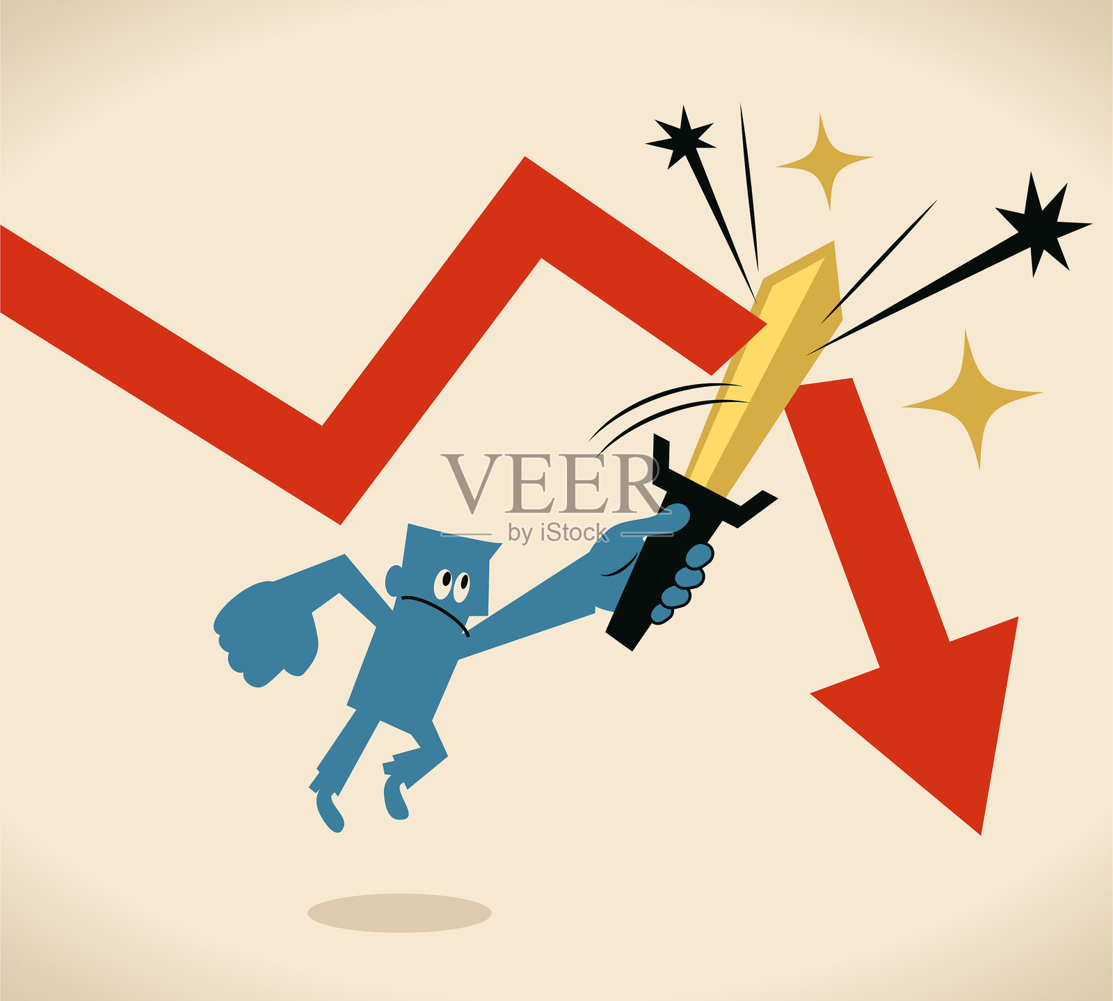 商人用向下的利剑切断下落的箭头，切断损失(止损)的概念插画图片素材