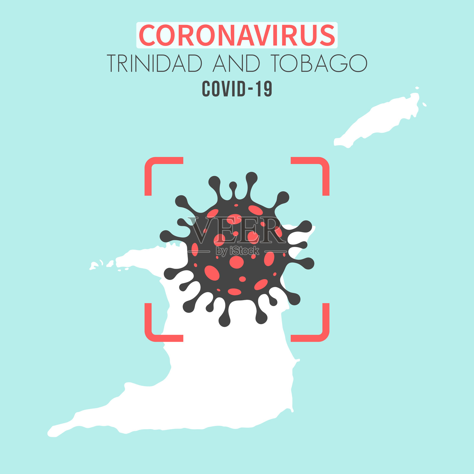 特立尼达和多巴哥地图，红色取景器显示冠状病毒(COVID-19)细胞插画图片素材