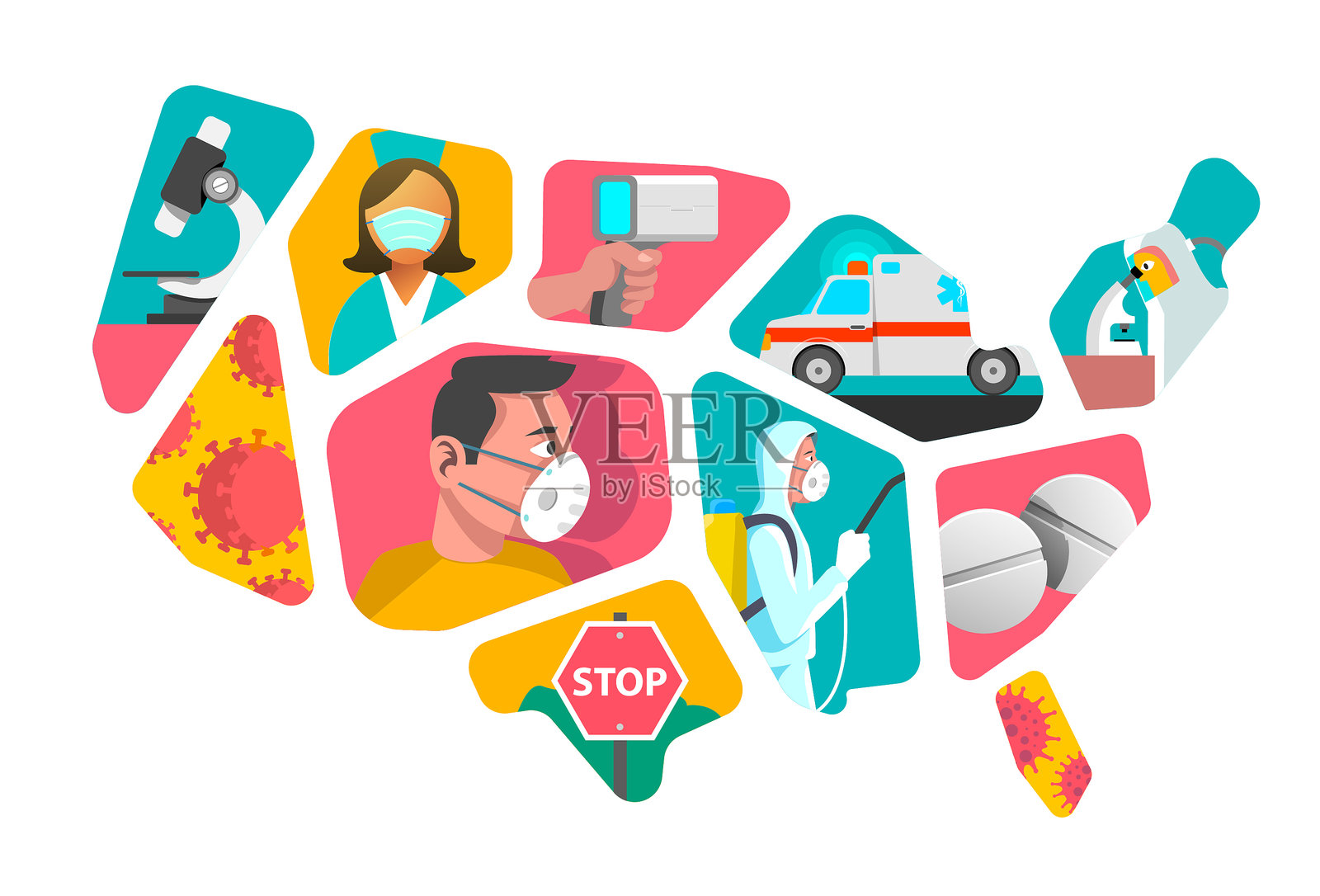 美国冠状病毒大流行的症状和预防插画图片素材