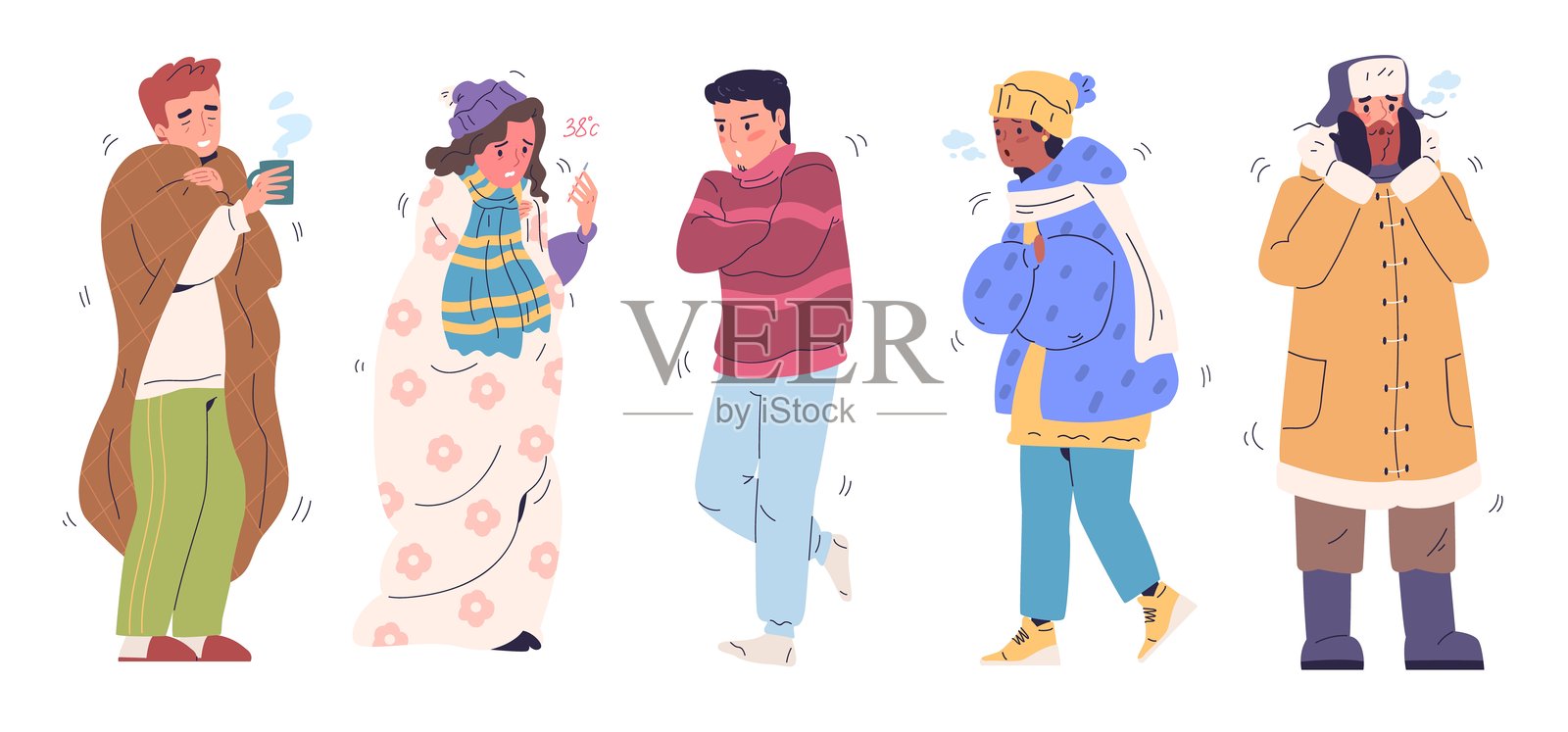 人们在颤抖。男女在冬季或秋季的寒冷天气中发抖，穿着温暖的衣物、围巾、外套和毯子，户外的寒冷场景，优雅的矢量插图。插画图片素材