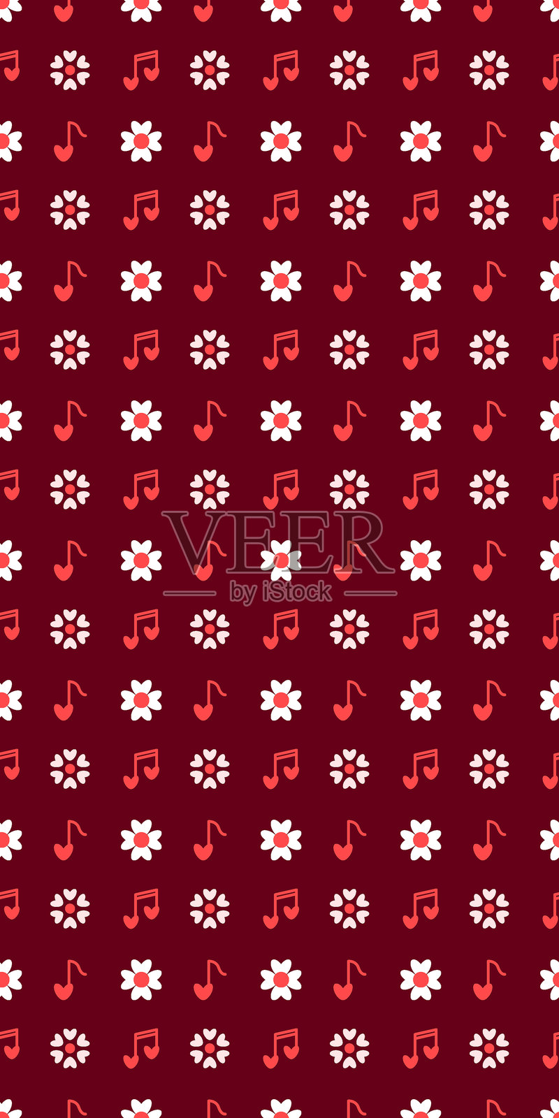 酒红色背景上的花卉和音乐心形图案，情人节无缝图案，适用于社交媒体故事和短视频设计元素，2月14日和周年纪念日。垂直海报。插画图片素材