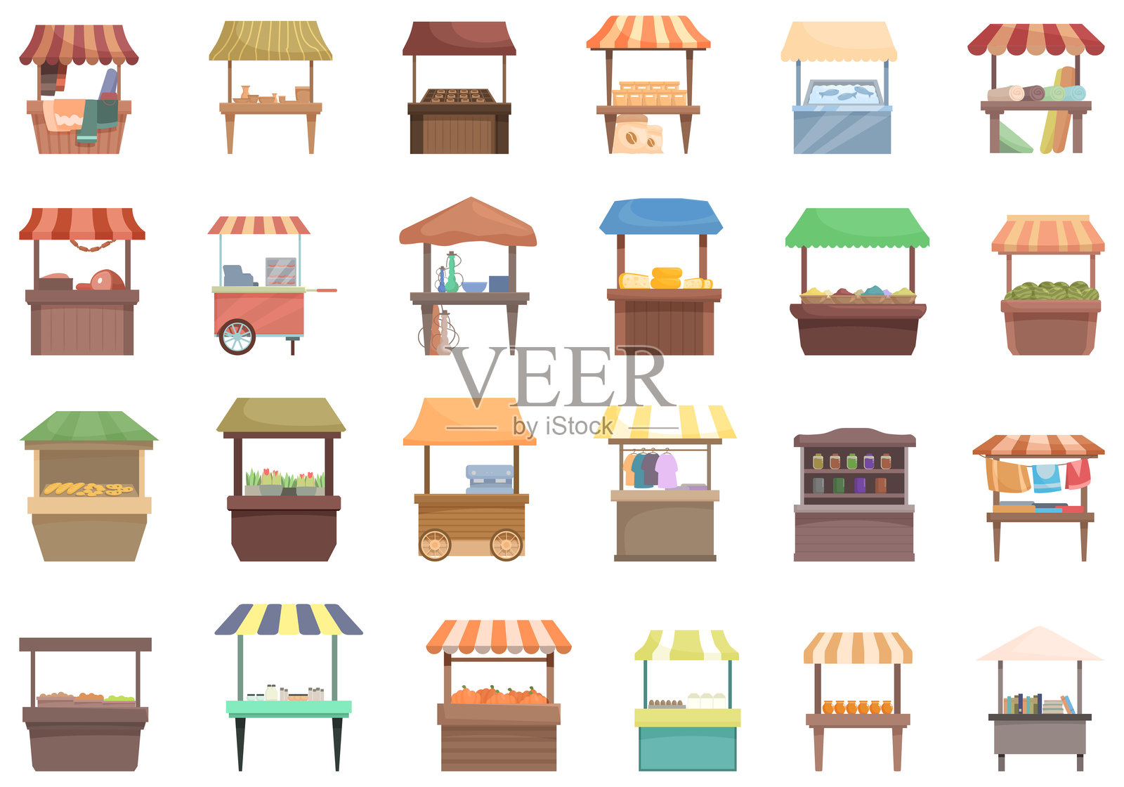 手工艺市场图标集卡通矢量。街头市场插画图片素材