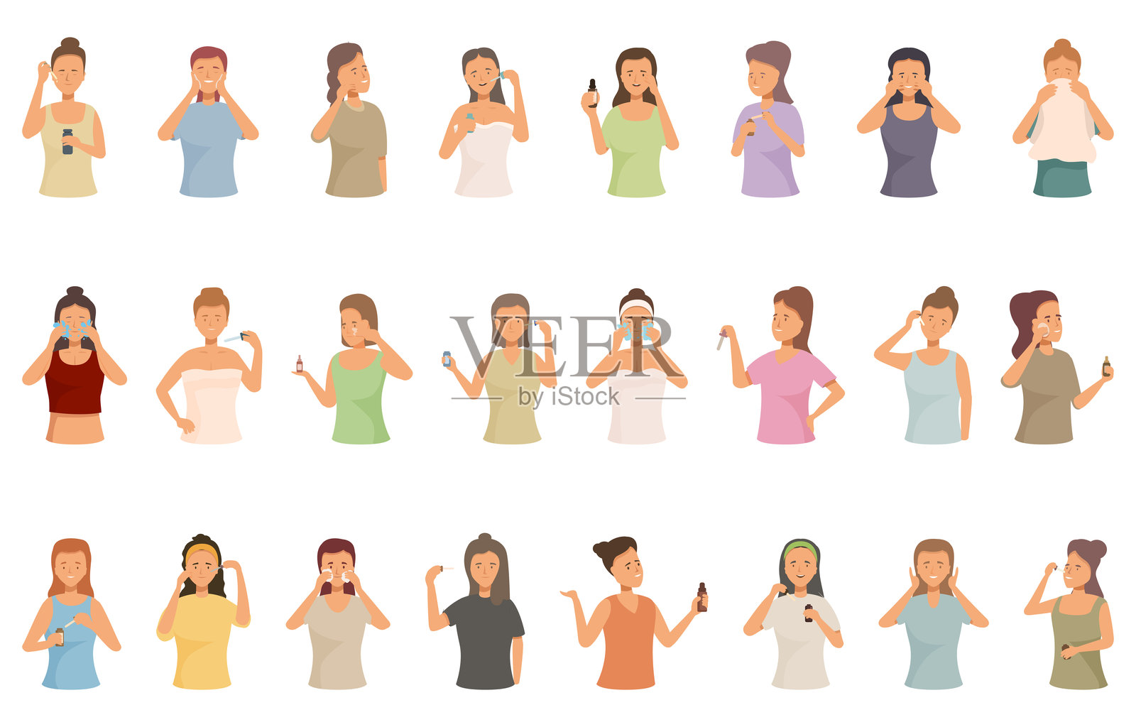 面部精华图标集卡通矢量图。面部肌肤插画图片素材