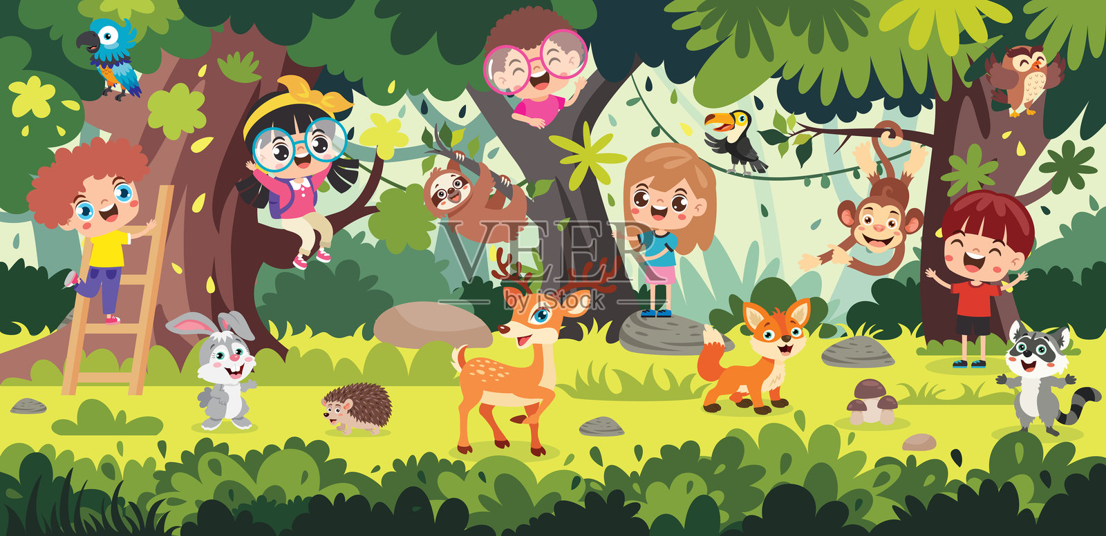 孩子们与动物在丛林中插画图片素材