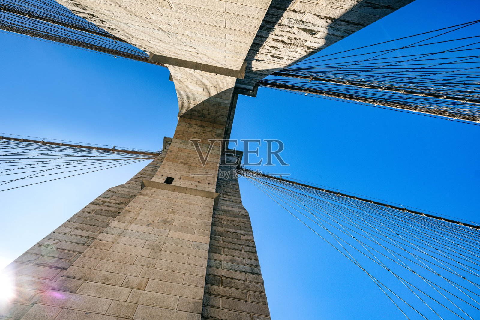 从独特视角看标志性的布鲁克林大桥与晴朗的蓝天照片摄影图片