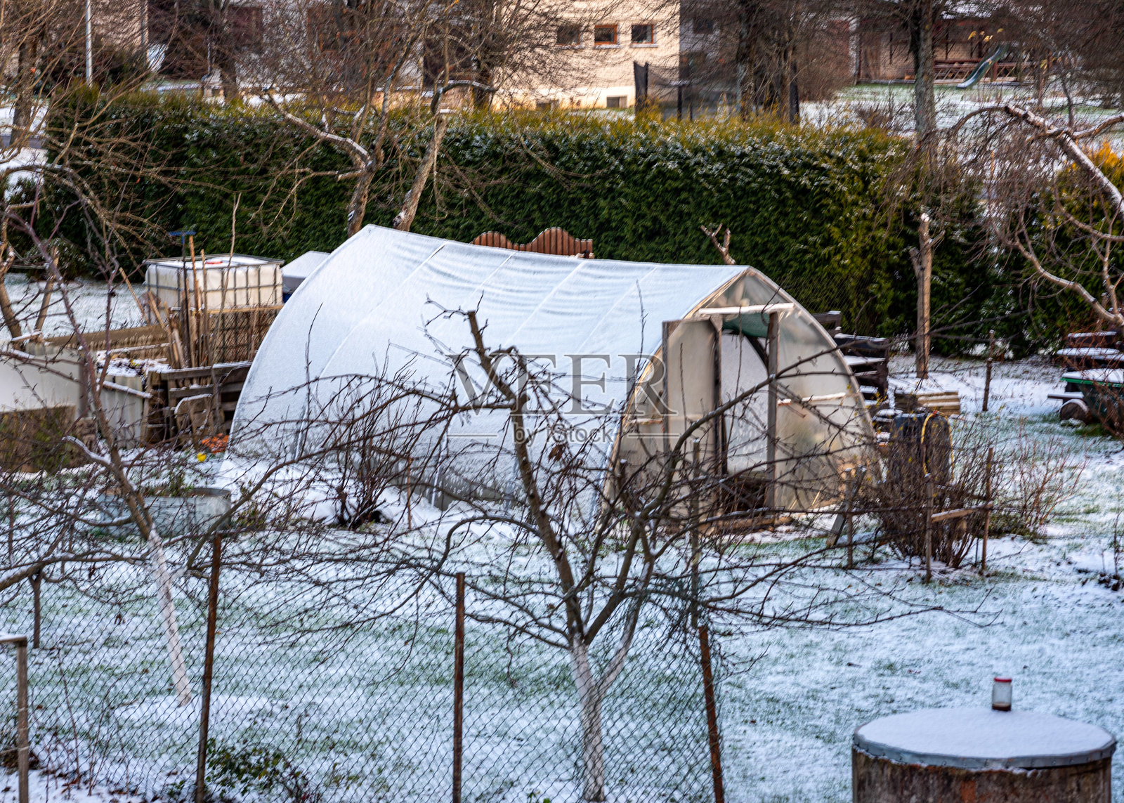一个简单的木质温室，冬日美丽的光线，冬季的胶卷温室照片摄影图片