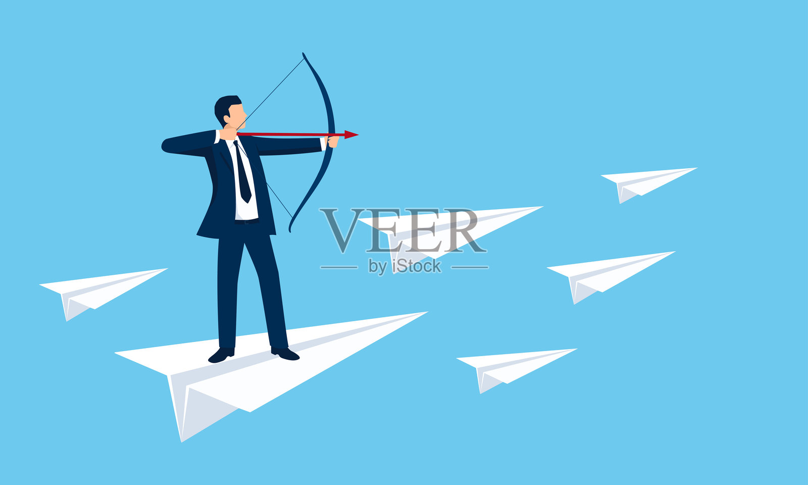 一位商人在纸飞机上拉弓，营销概念插图，矢量图插画图片素材