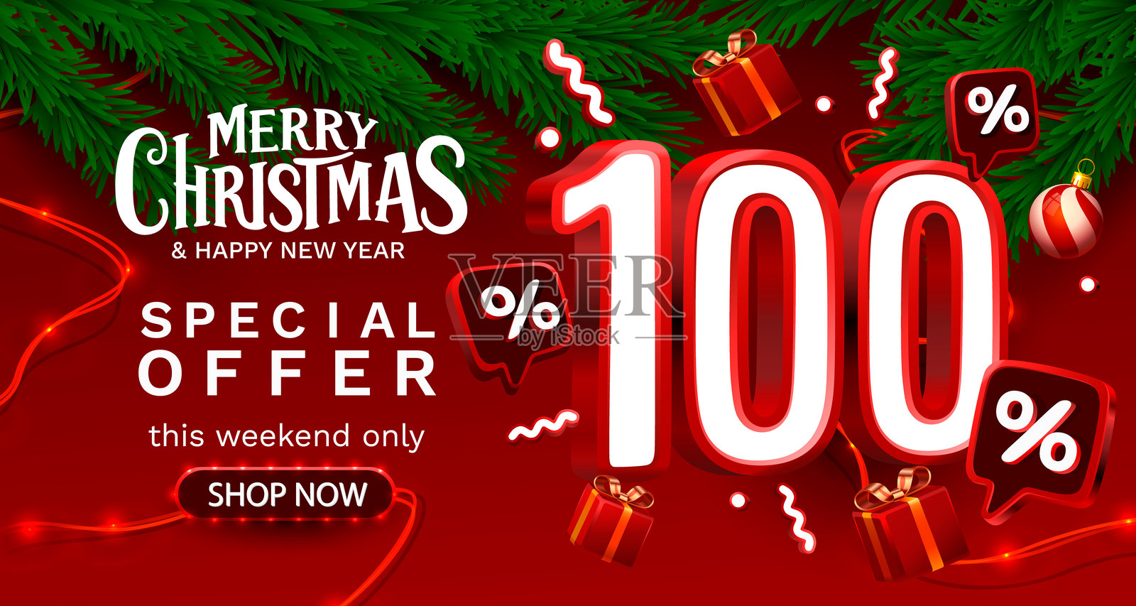圣诞快乐，百分之百折扣。促销横幅和海报。矢量插图。插画图片素材