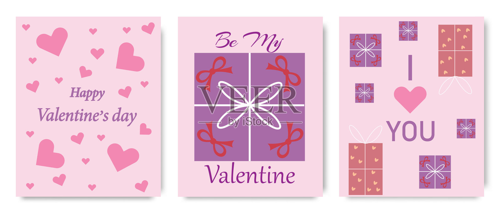 一套情人节贺卡，带有粉色心形、蝴蝶结和浪漫文字，完美表达爱意插画图片素材