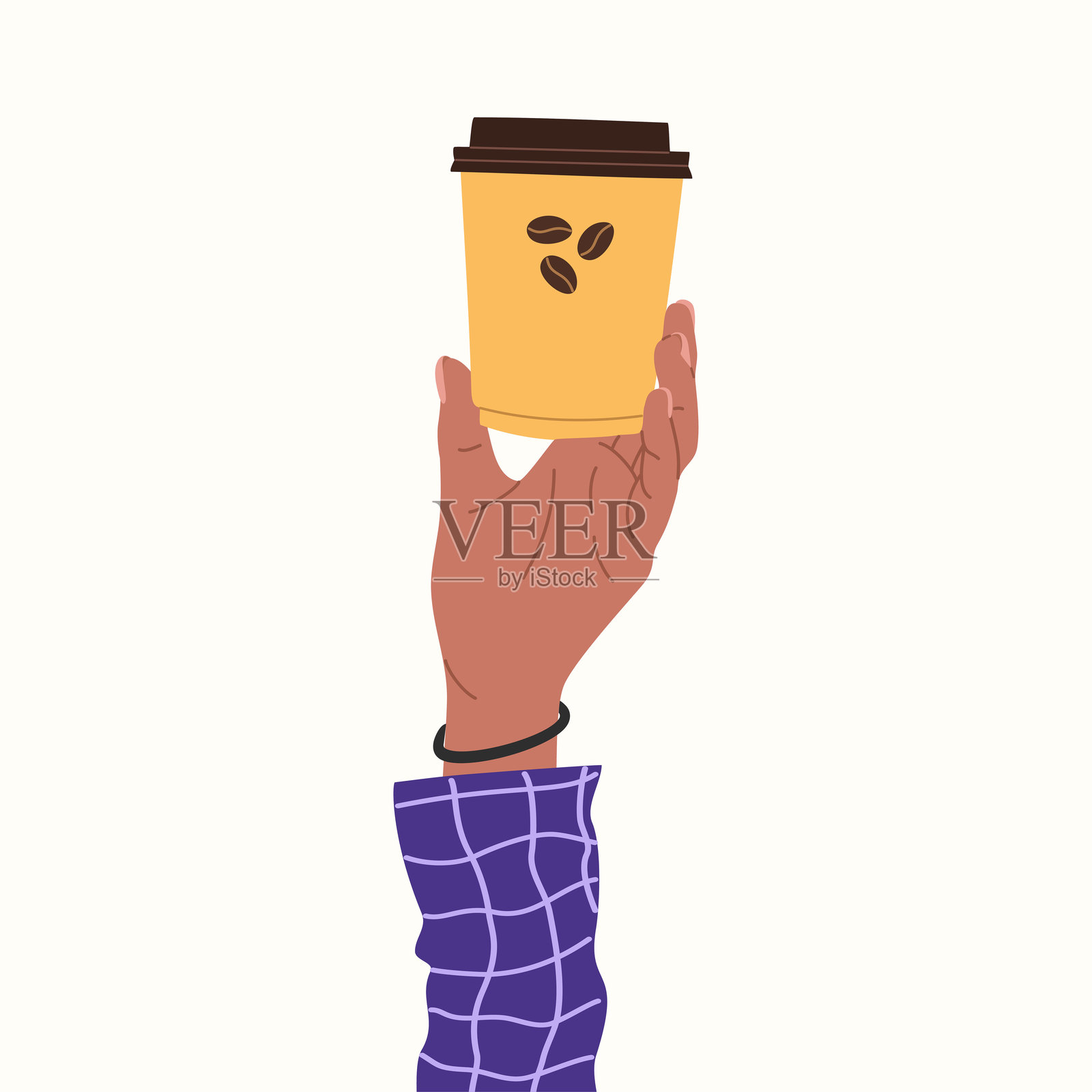 男性手握纸杯，杯中盛有咖啡饮料。早晨的热饮。插画图片素材