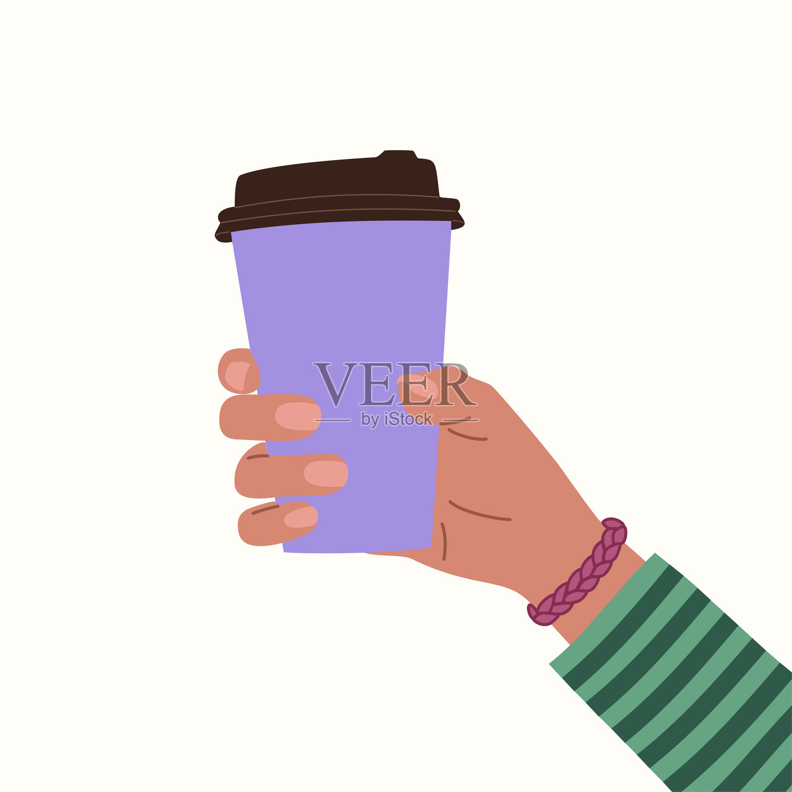 女性手握着纸杯，里面装着咖啡或茶。早晨的热饮。插画图片素材