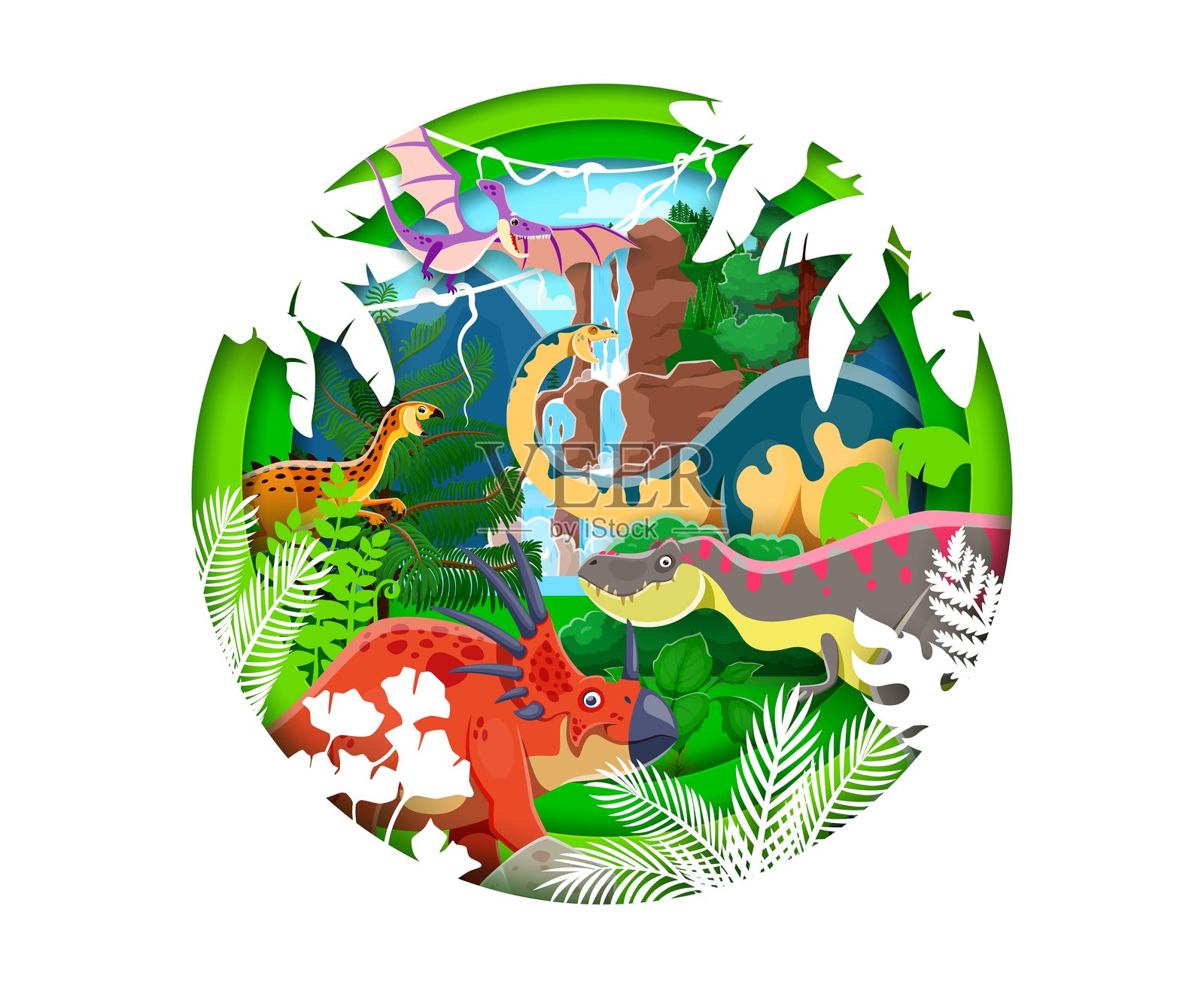 剪纸风格的史前恐龙景观插画图片素材