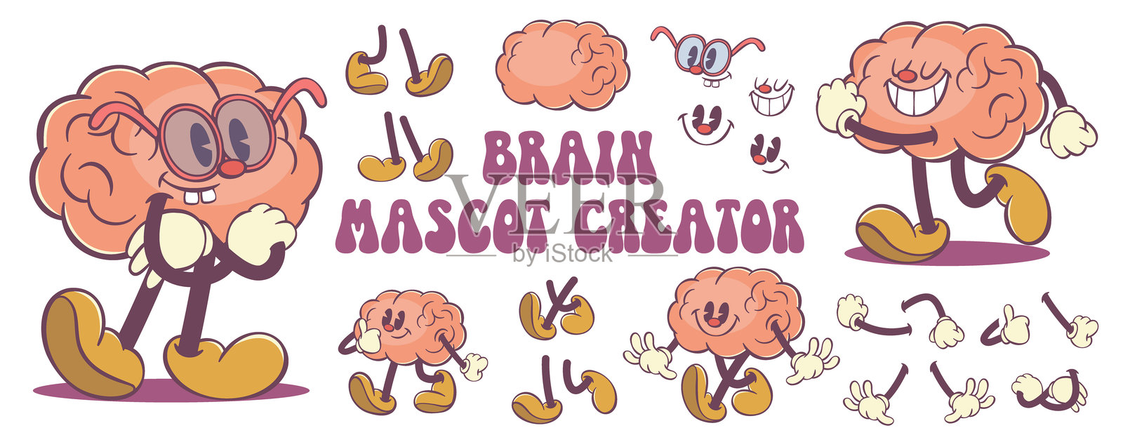 复古风格的炫酷脑部角色创作工具包插画图片素材