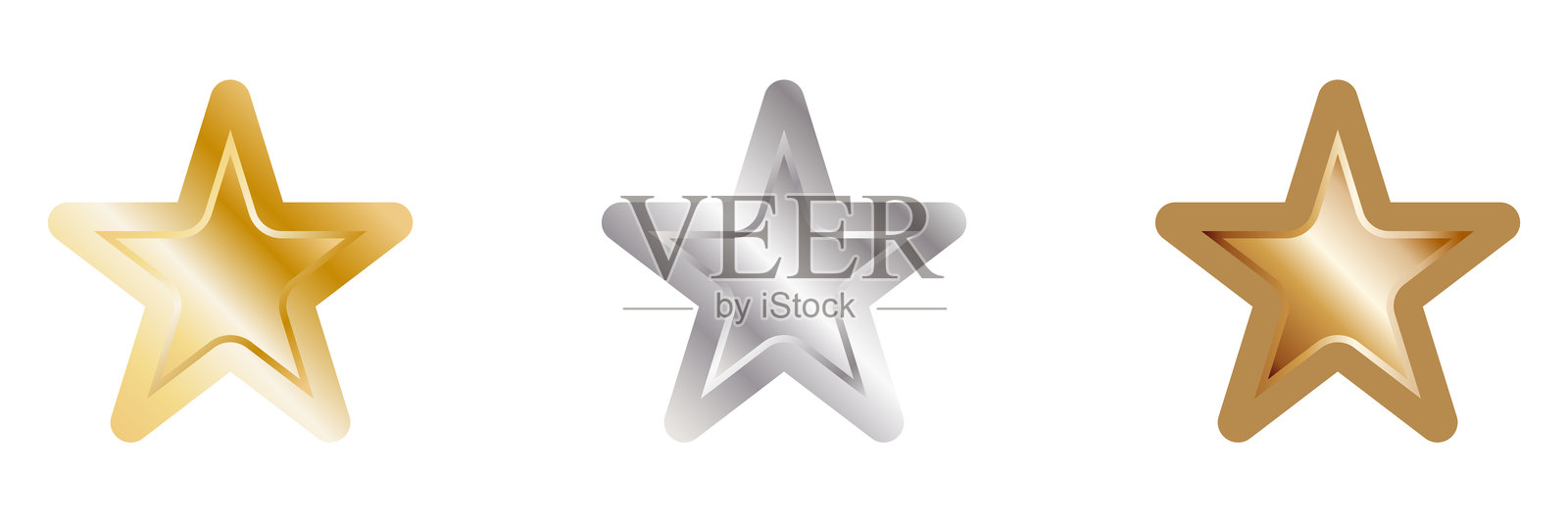 三维闪亮星星的矢量插图集，金色和银色铜色。插画图片素材