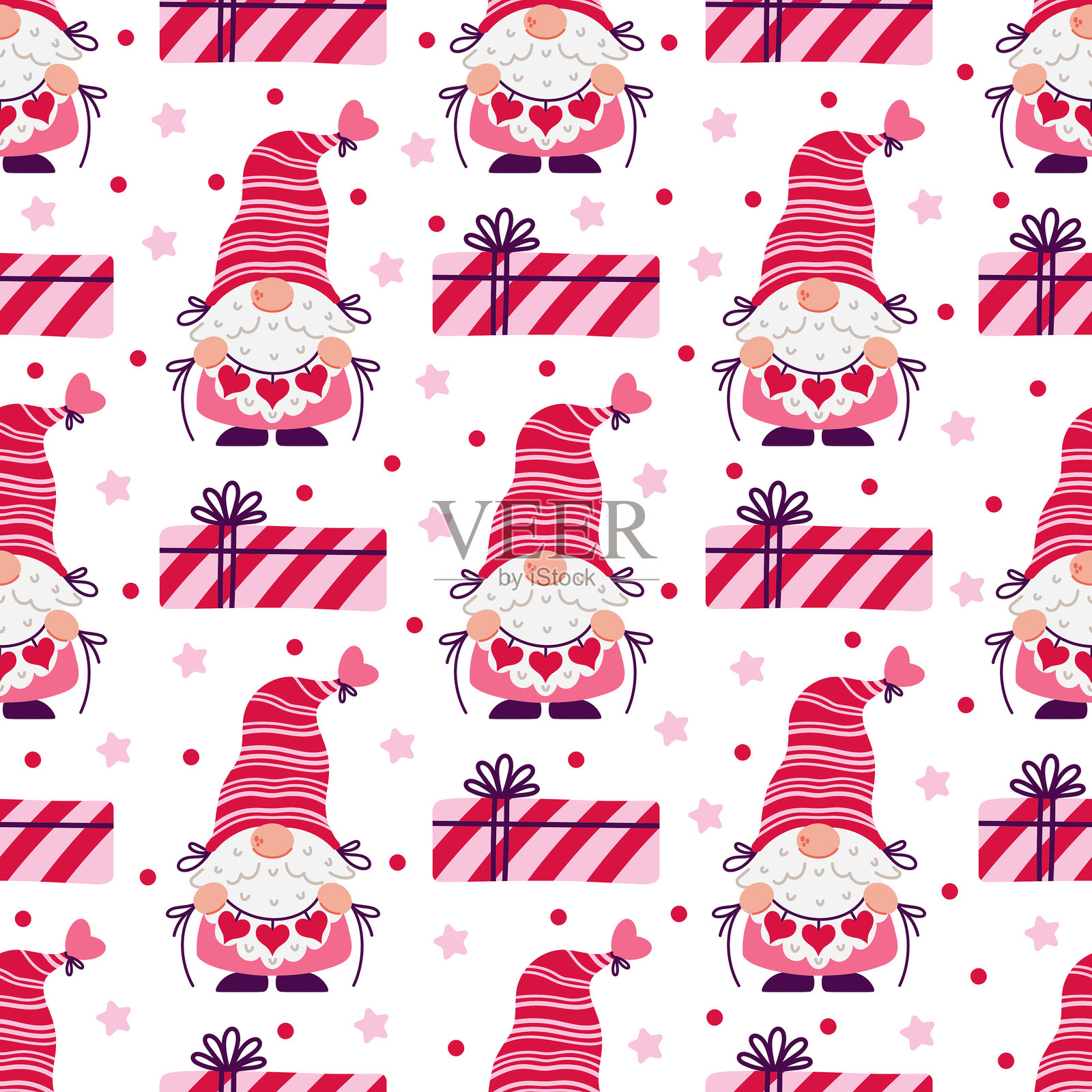 一个有趣的小矮人手持心形花环，无缝矢量图案。胡须精灵，穿着红色和粉色的服装，戴着条纹帽子。情人节快乐。浪漫礼物，约会惊喜。爱的背景插画图片素材