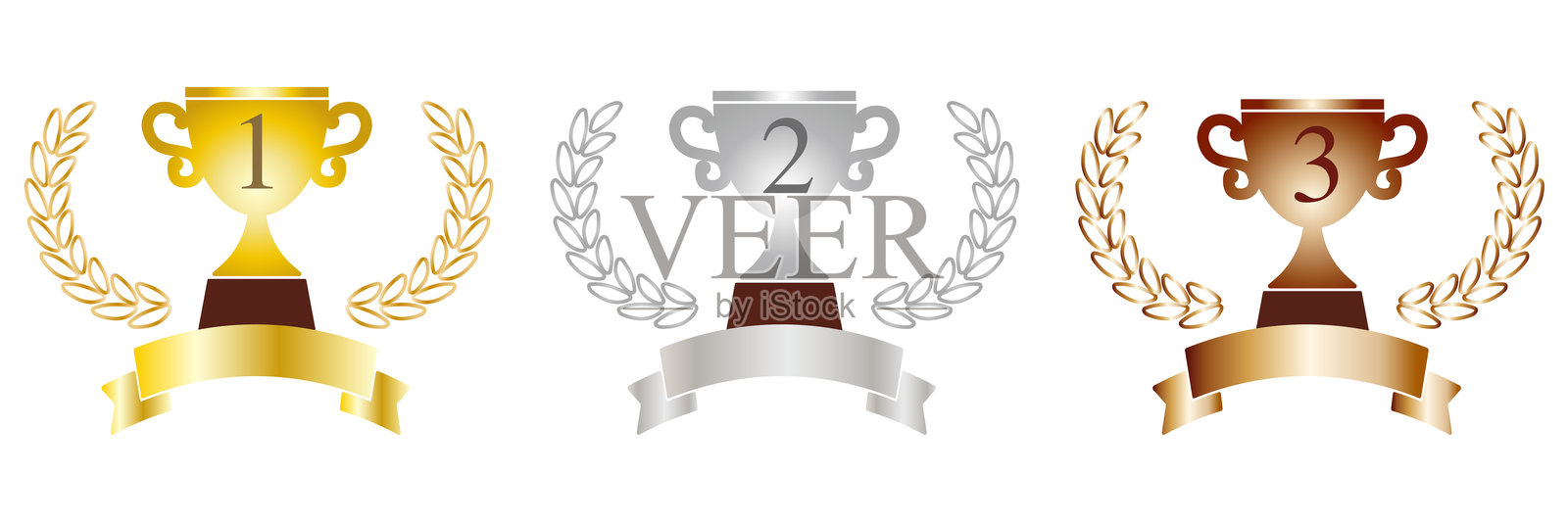 奖杯、月桂树、金色、银色和铜色丝带矢量插图，第一名、第二名、第三名插画图片素材