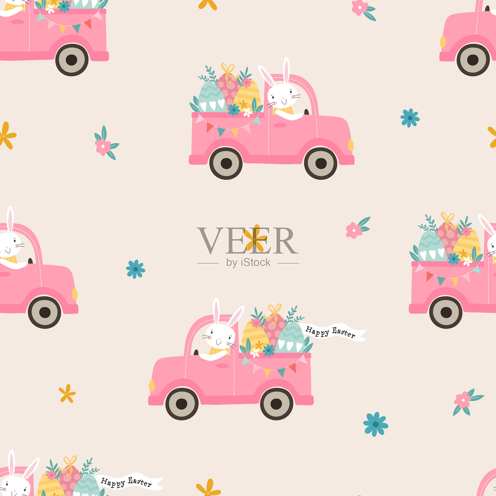 可爱的手绘复活节无缝图案，快乐的小兔子和交通工具，适合用于纺织品、横幅、背景和壁纸 - 矢量设计插画图片素材