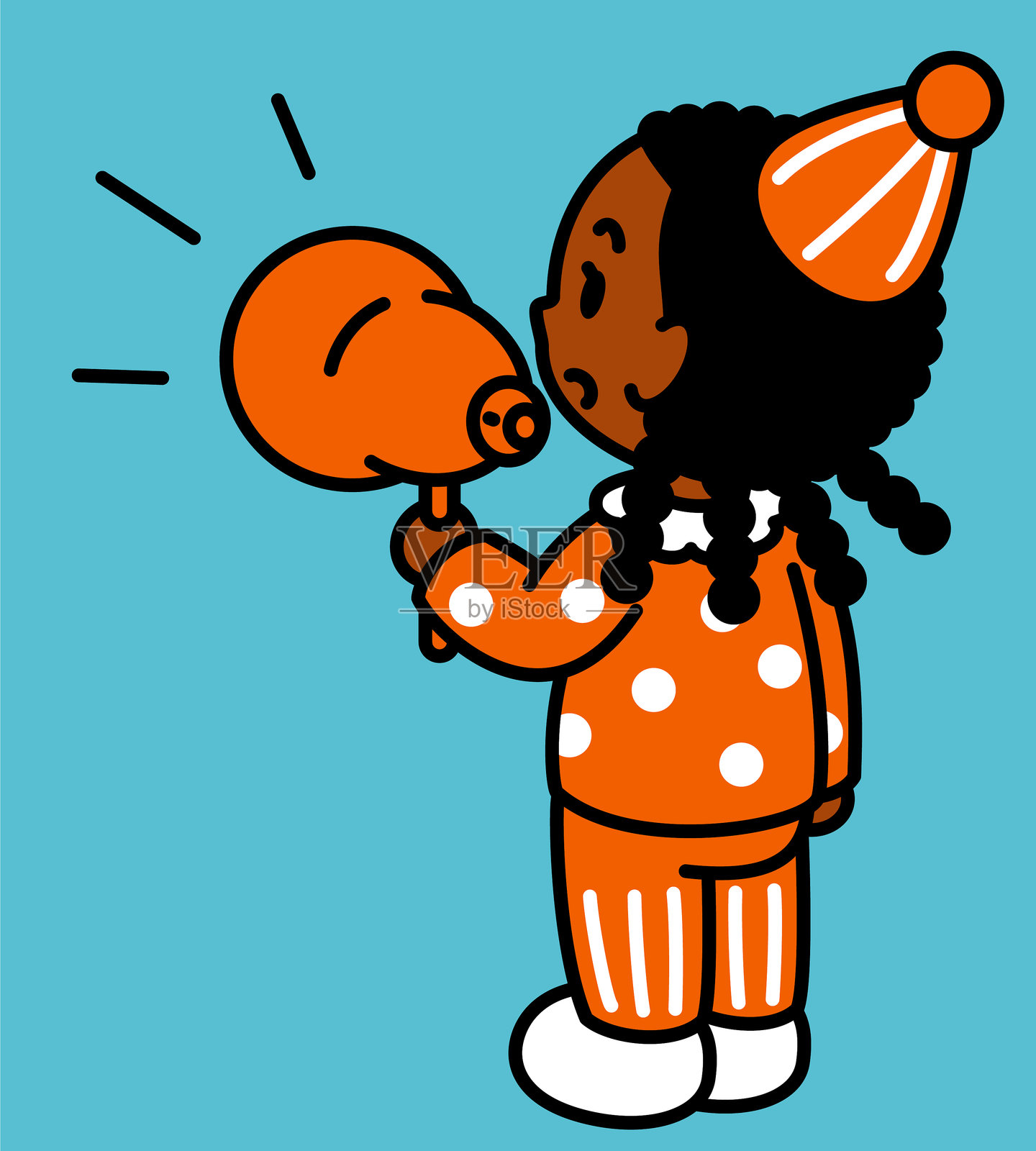 一个可爱的黑女孩，扎着辫子马尾，戴着节日尖顶帽，穿着派对裙或小丑服，微微仰望，手持扩音器，三分之四背影，极简风格，黑色轮廓和纯色绘制。插画图片素材