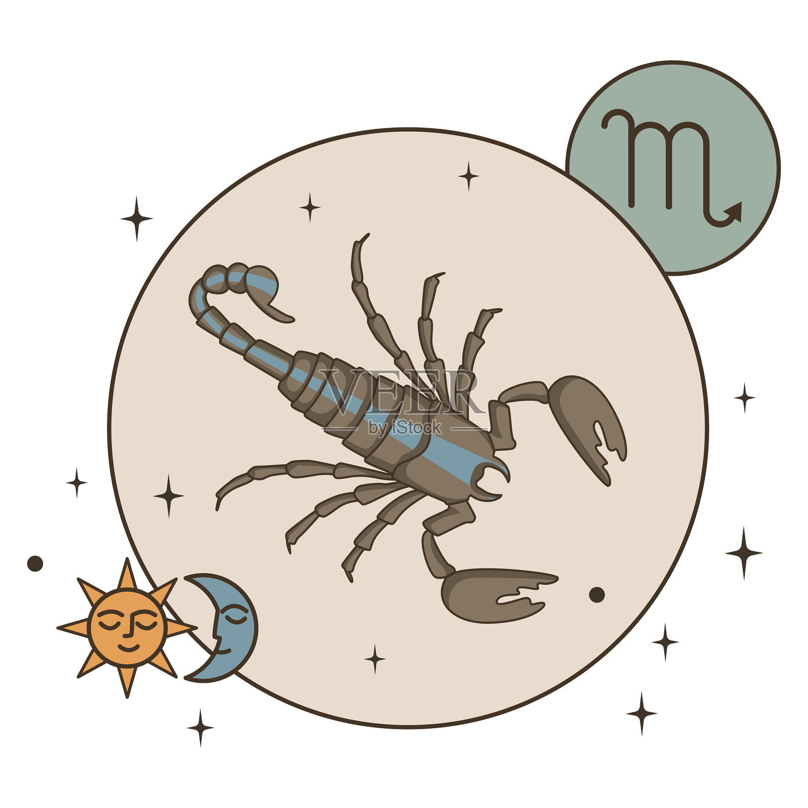 带有星星、月亮和太阳的圆形毒虫。天蝎座是一个星座。复古明信片平面矢量插图。Eps10插画图片素材