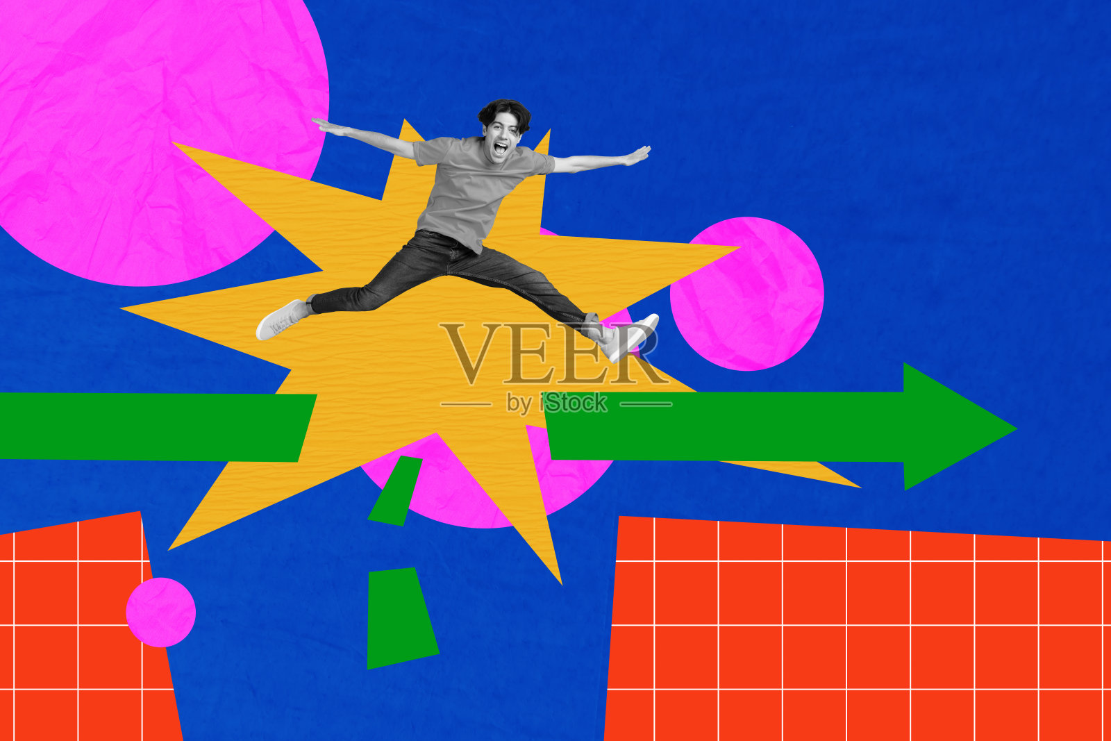 创意拼贴插图，黑白滤镜，疯狂兴奋的微笑年轻男子，极限跳跃，破碎的桥，草图，独家模板照片摄影图片