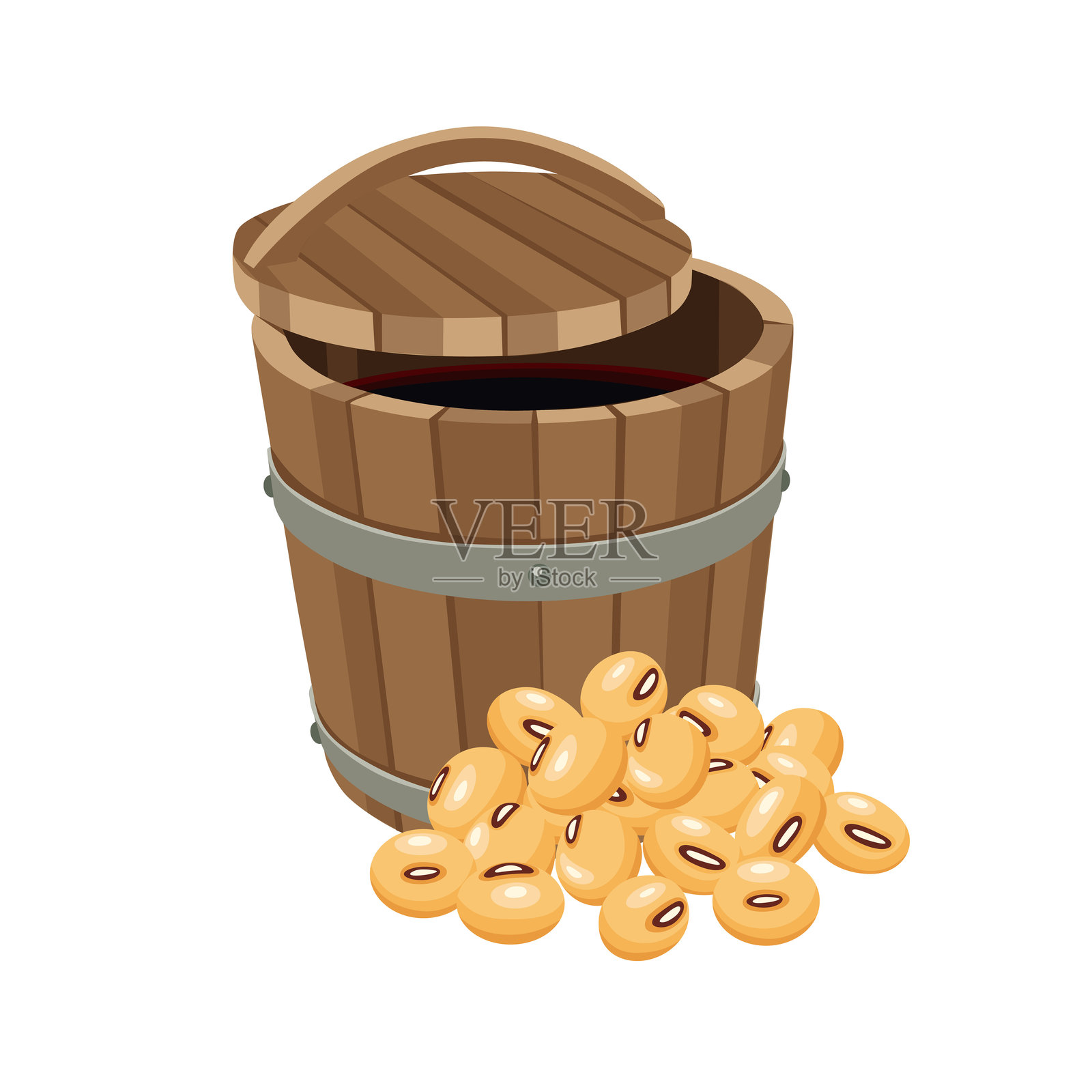木桶中的酱油与大豆，背景为白色。矢量图，EPS 10。插画图片素材