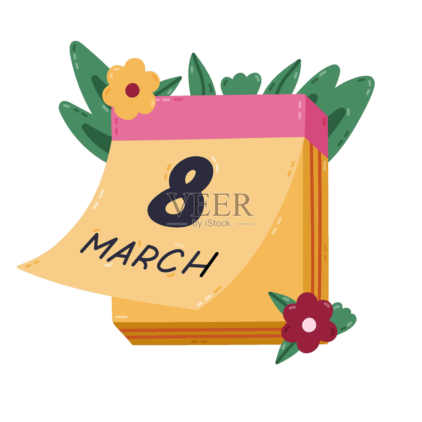 可爱的卡通花卉日历页面，日期为3月8日，象征国际妇女节。手绘的日历剪贴画，适用于海报、设计和社交媒体，庆祝女性平等的节日。插画图片素材