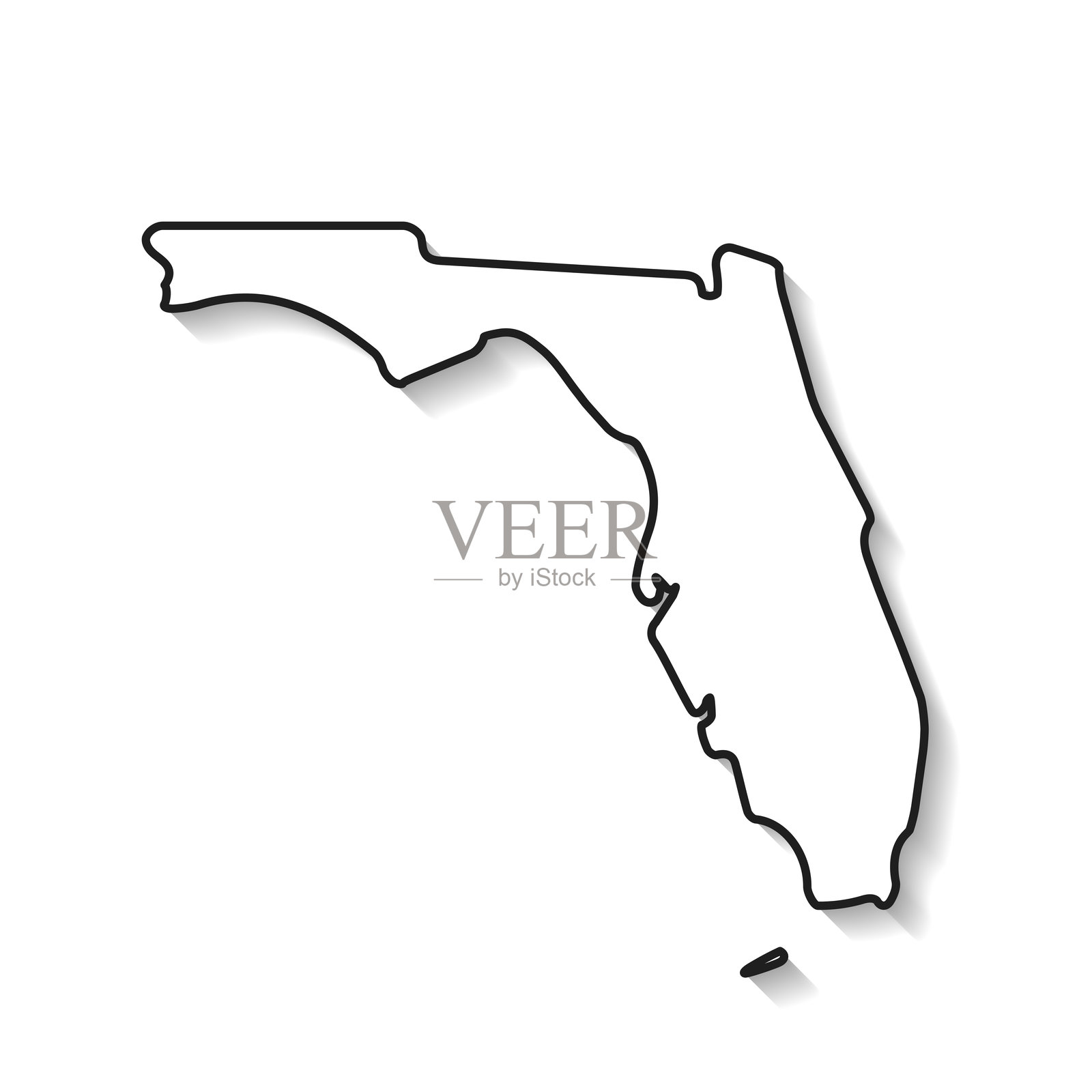 佛罗里达州地图，黑色轮廓和阴影，背景为白色插画图片素材