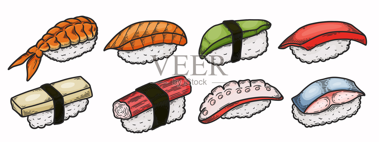 亚洲美食。一组不同的寿司，包括三文鱼、鳄梨、金枪鱼等。素描风格。矢量手绘插图。绘画素描。插画图片素材