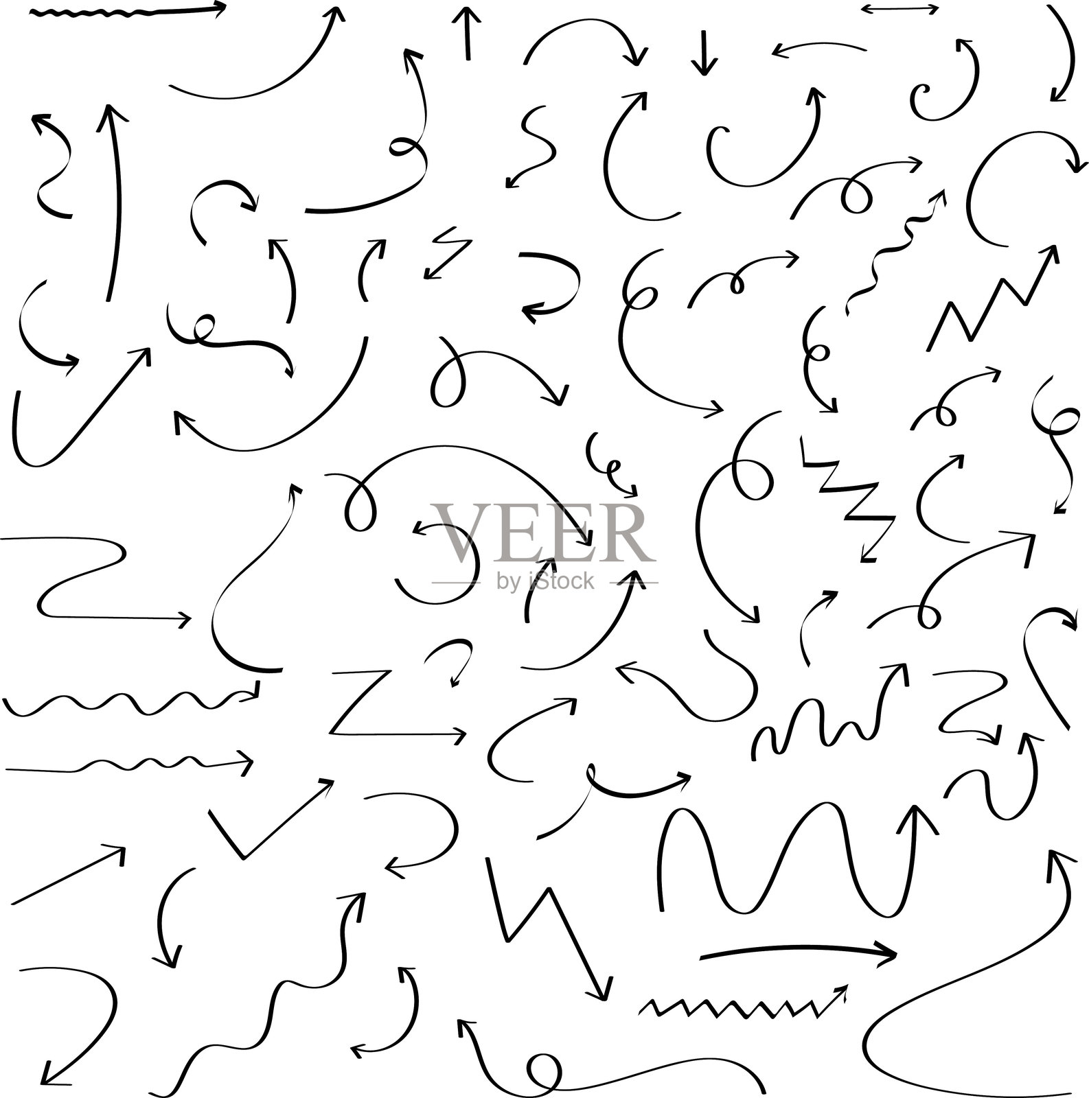 手绘箭头集合矢量插图。曲线和螺旋，圆形和扭曲箭头，适用于草图或涂鸦风格的图表或卡通绘图设计。插画图片素材