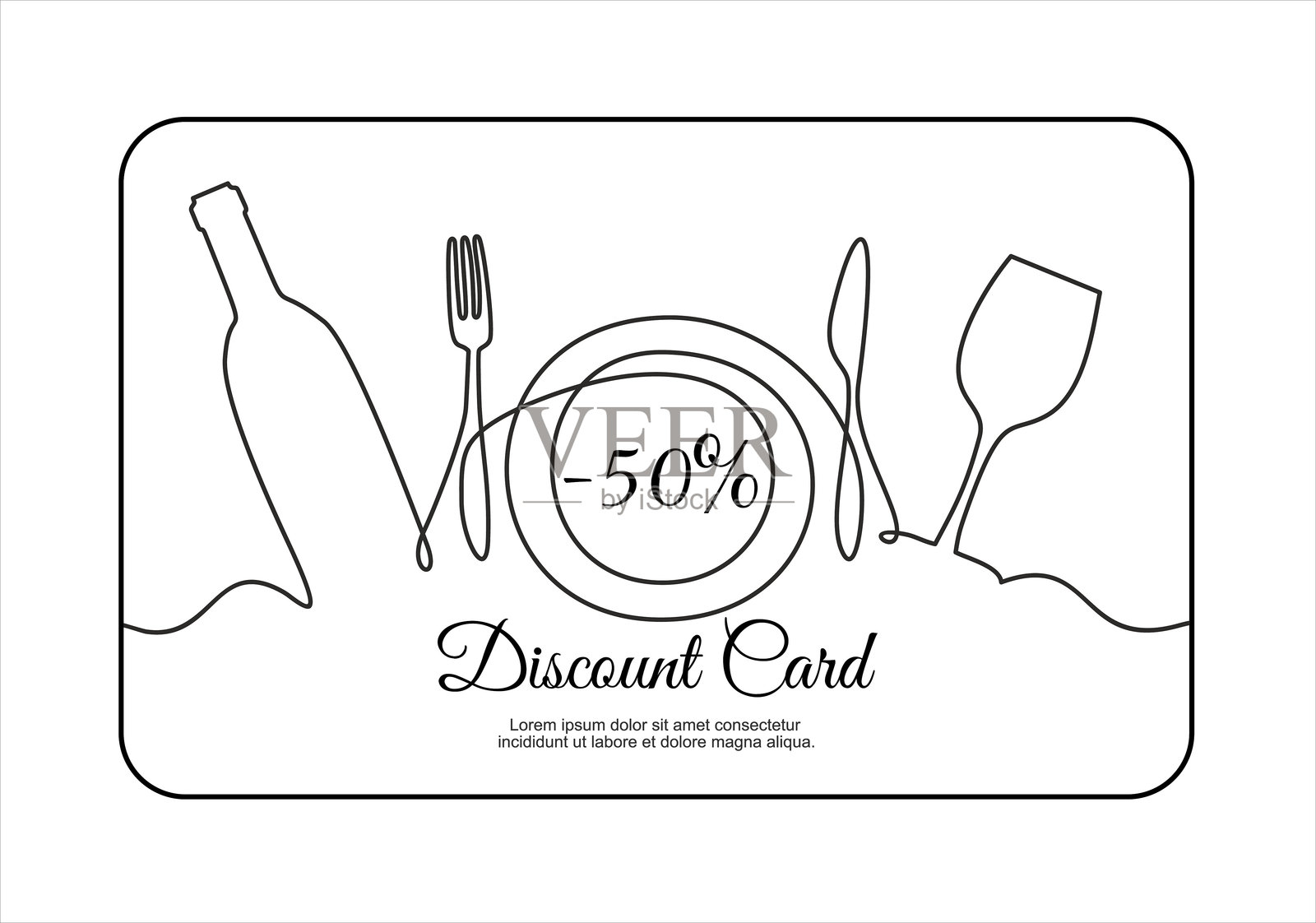 手绘一笔线条矢量图。快餐店或外卖服务的折扣卡或代金券，设计模板包含一条连续的食品和饮料线条组合。插画图片素材