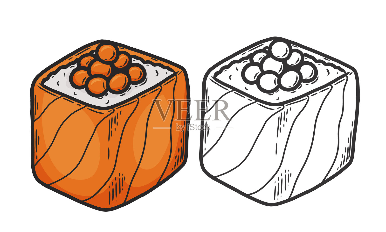 亚洲美食。三文鱼和鱼子酱卷。素描风格。矢量手绘插图。绘画素描。插画图片素材