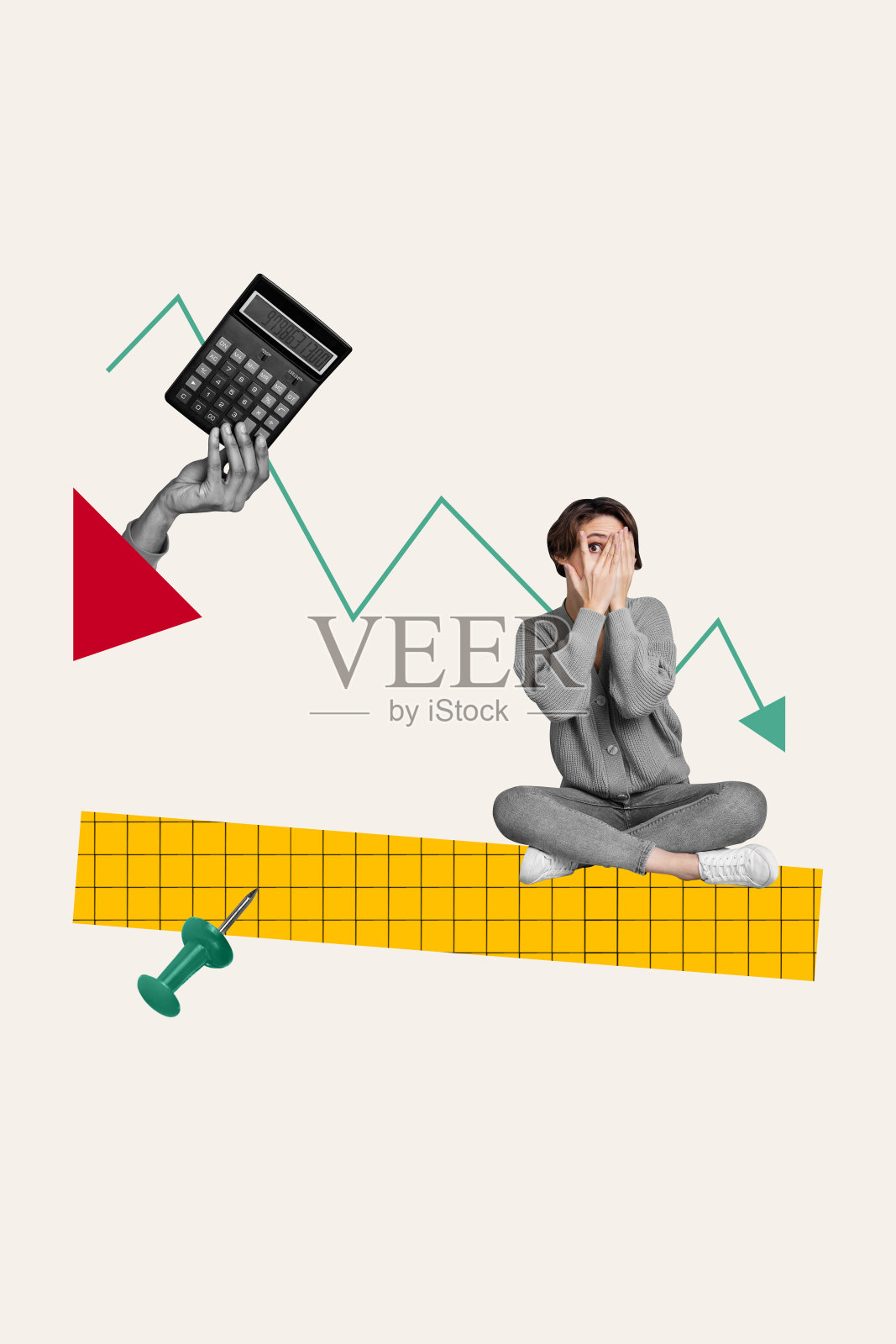 垂直复合创意拼贴照片，女人用手遮住脸，凝视金融危机，背景为白色。照片摄影图片