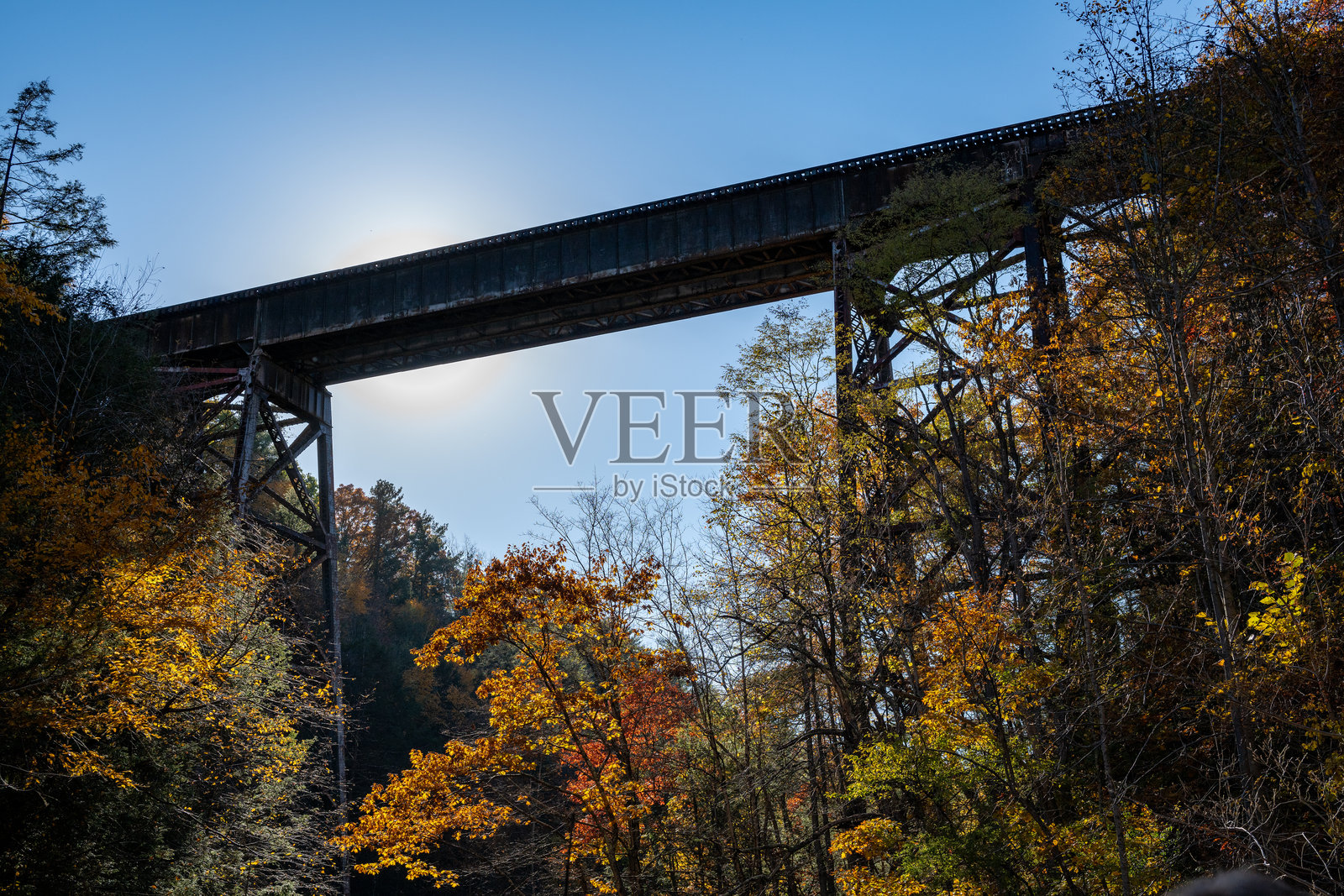 一座历史悠久的铁路高架桥横跨一个山谷，周围被五彩斑斓的秋叶环绕，在阳光明媚的乡村风景中显得格外迷人。照片摄影图片