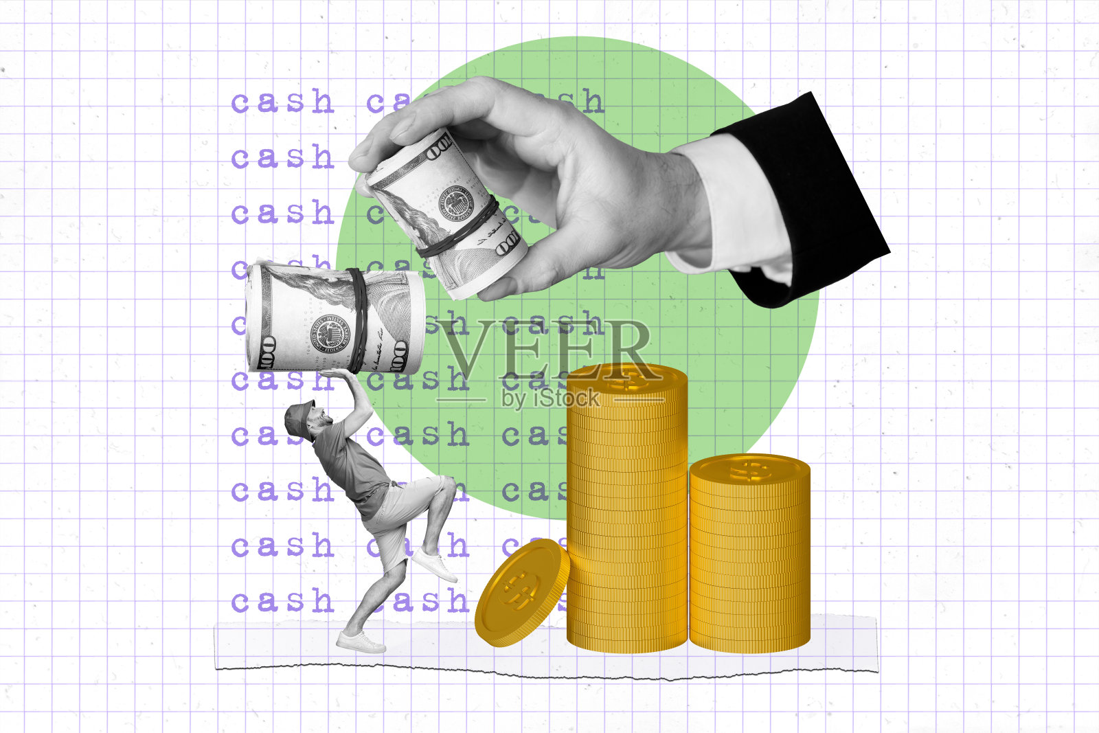 创意拼贴海报，黑白滤镜，迷你强壮搞笑的年轻人手持沉重的美元，给予硬币，象征成功的现金和钞票模板照片摄影图片