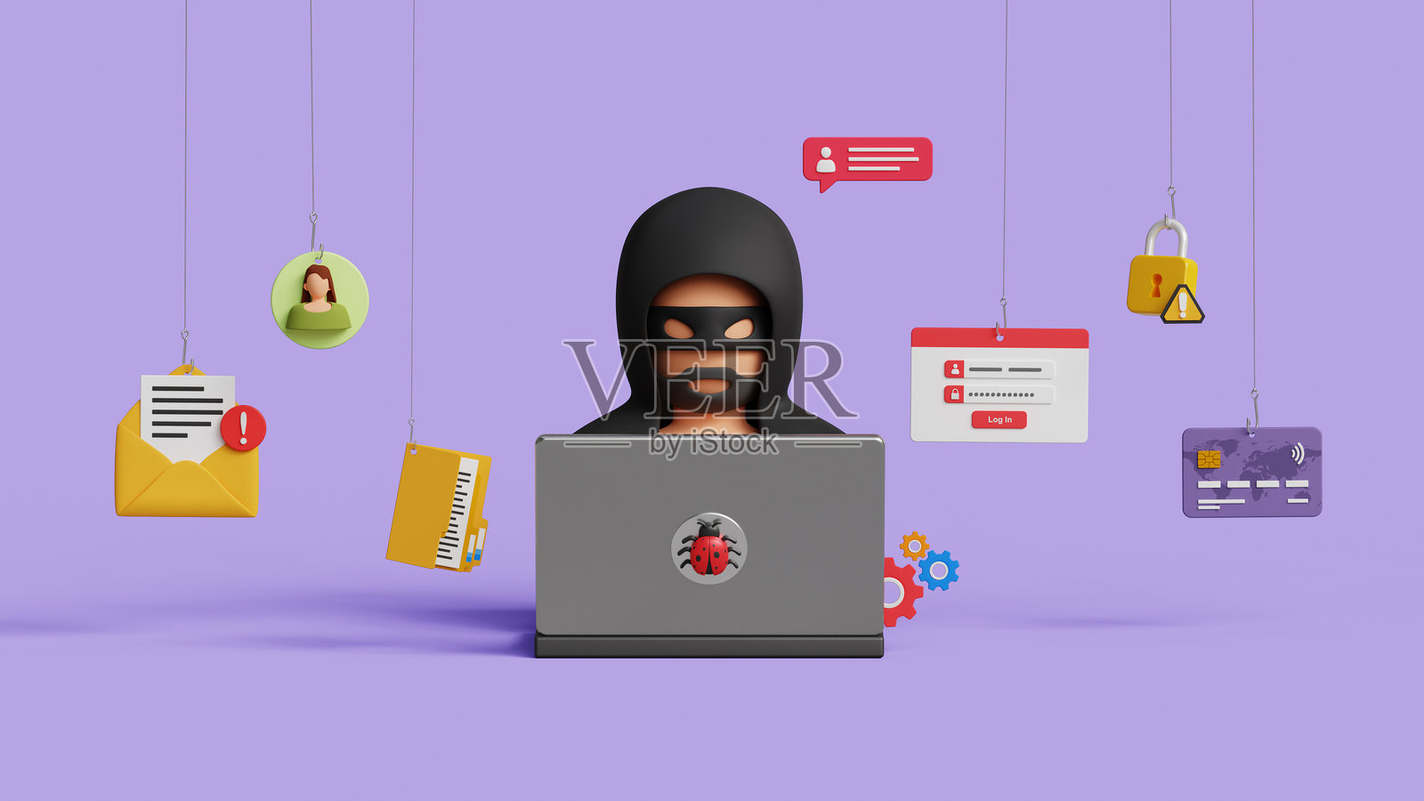 网络攻击、互联网钓鱼和黑客概念。登录欺骗网络安全、窃取个人信息和系统黑客。3D黑客使用笔记本电脑窃取个人信息。照片摄影图片