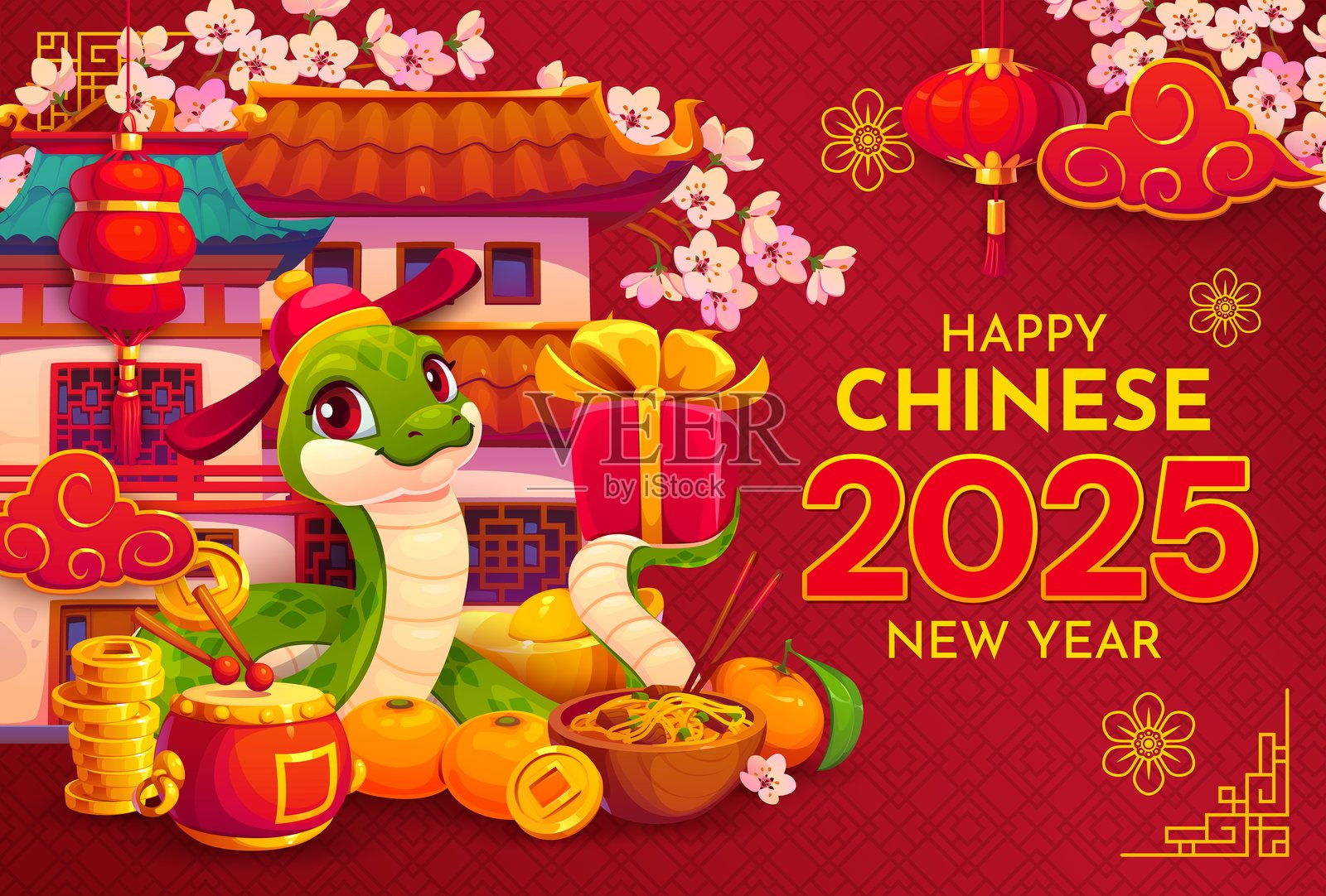 春节快乐，樱花与蛇插画图片素材